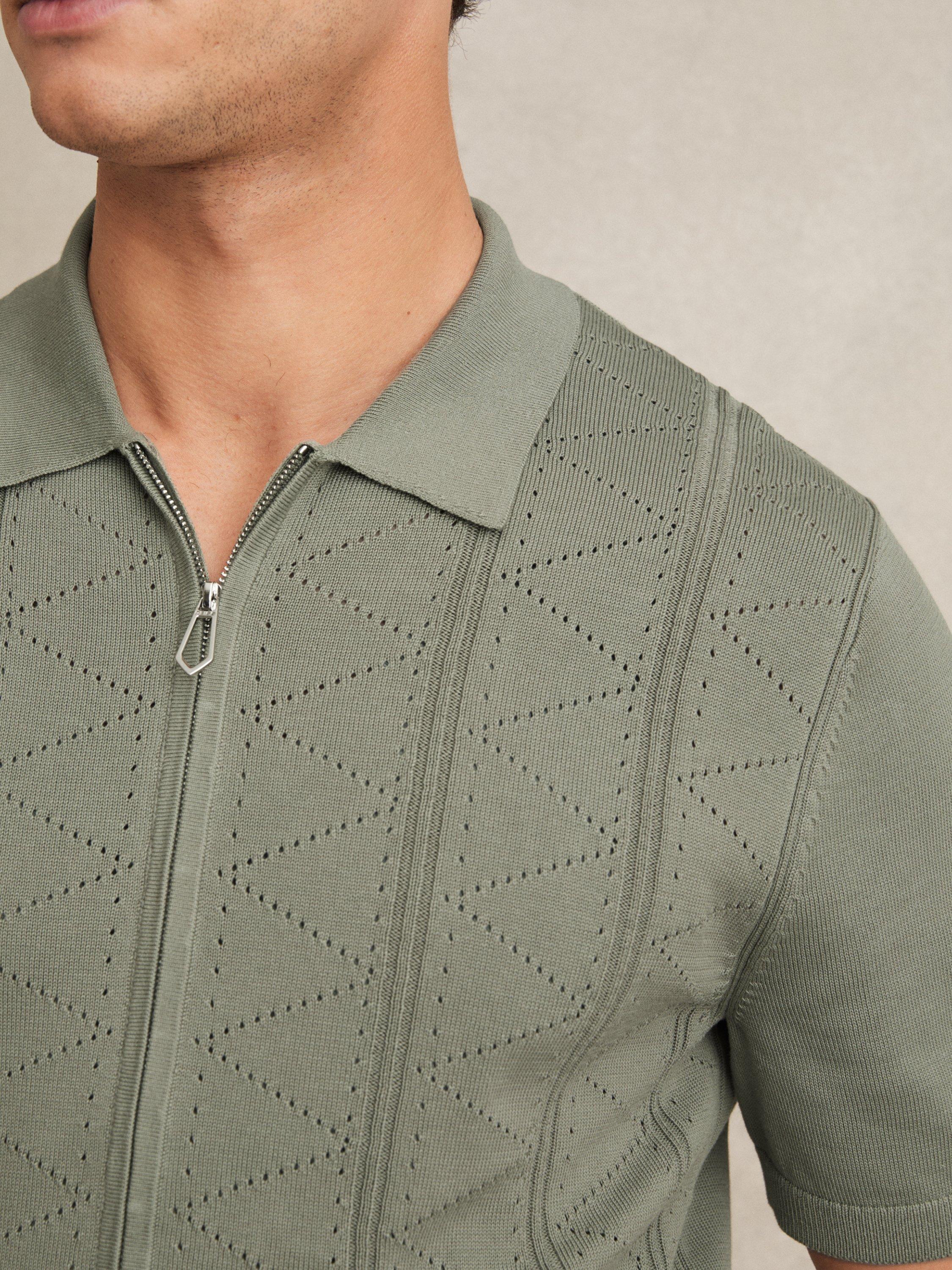 Product image 4 of 5, which shows Reiss Tay Cotton Blend Pointelle Knit Zip Through Shirt, Sage, M