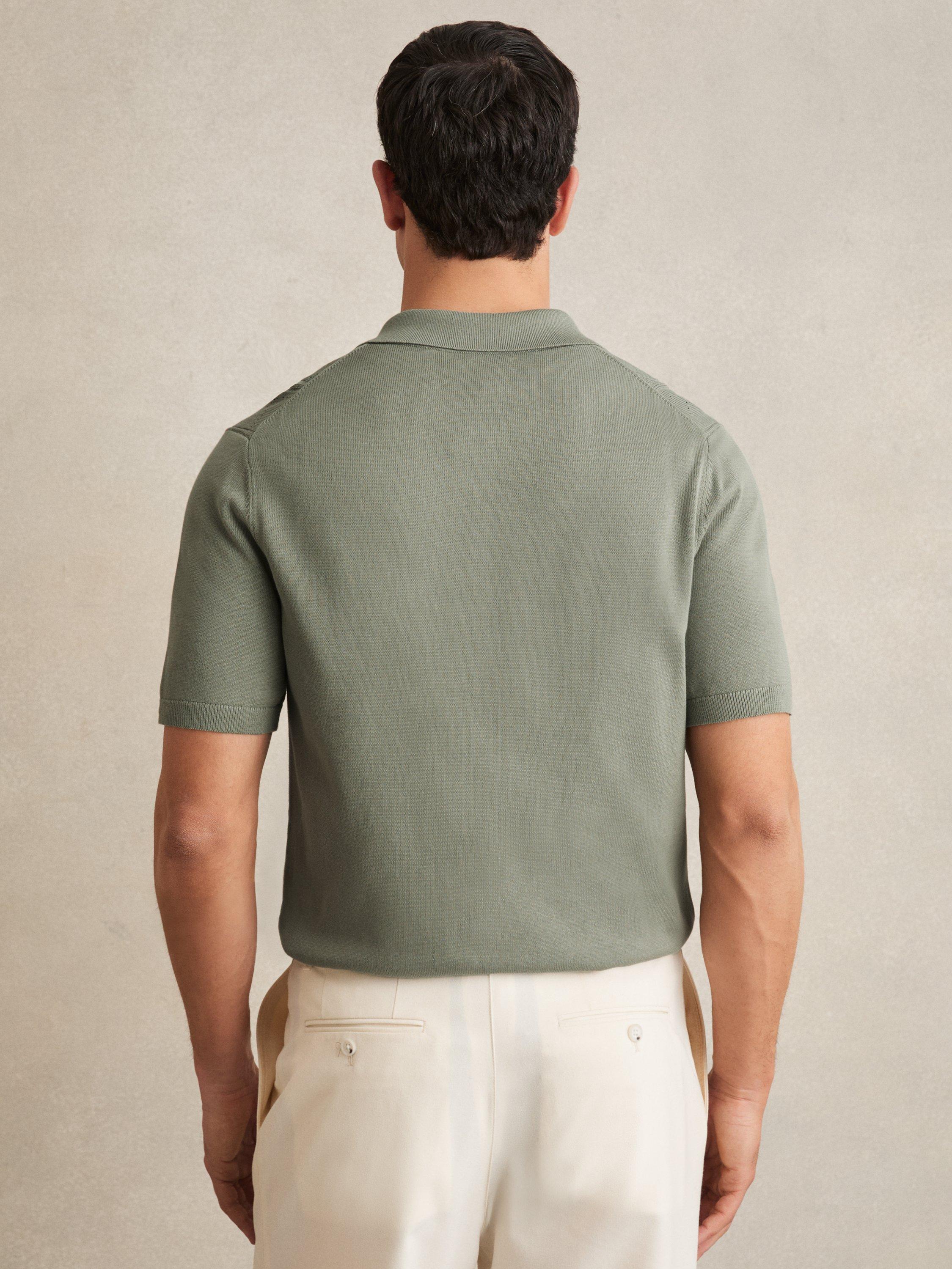 Product image 5 of 5, which shows Reiss Tay Cotton Blend Pointelle Knit Zip Through Shirt, Sage, M