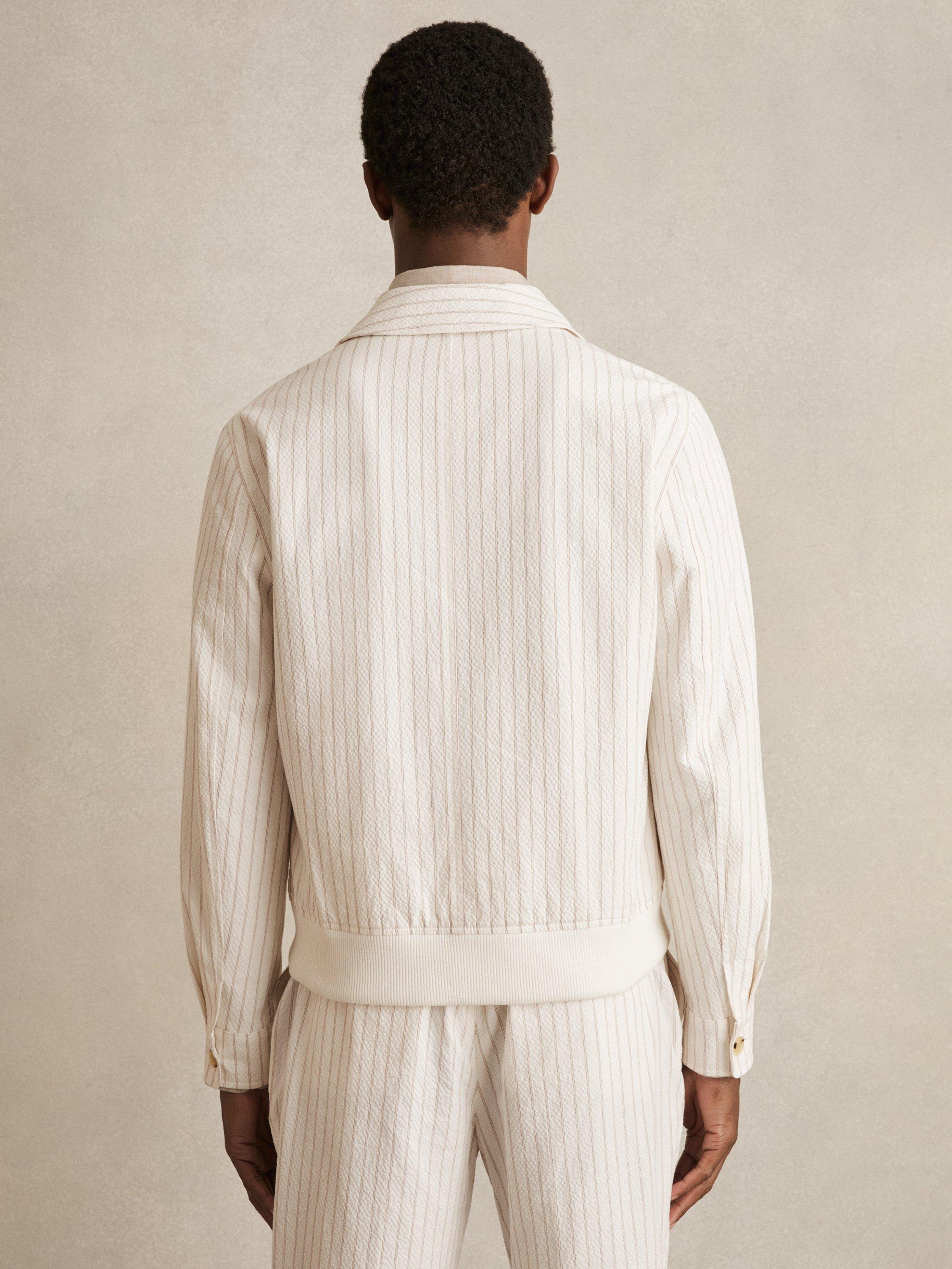 Product image 2 of 5, which shows Reiss Easton Seersucker Pinstripe Harrington Jacket, Off White/Multi, S