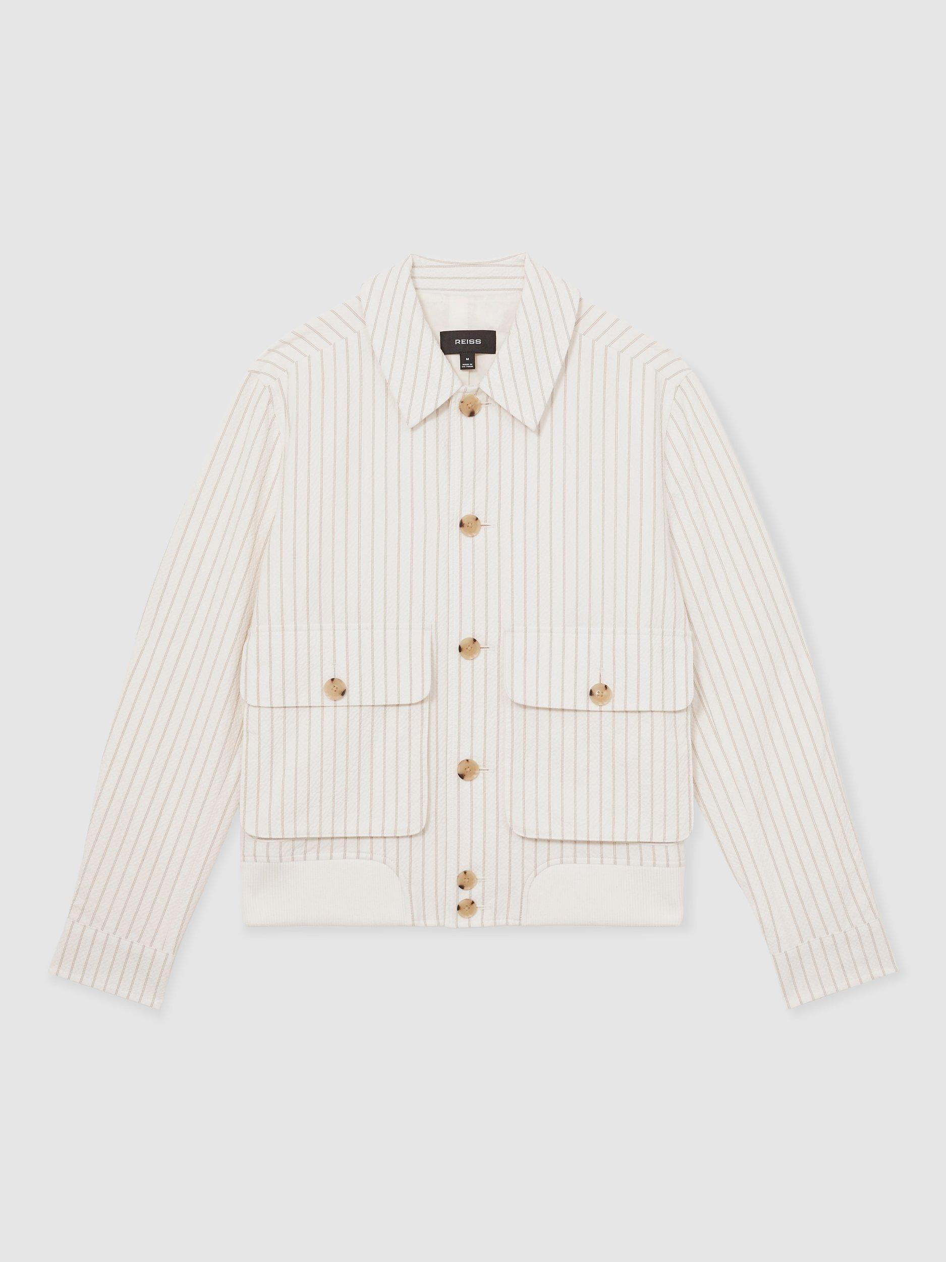 Product image 3 of 5, which shows Reiss Easton Seersucker Pinstripe Harrington Jacket, Off White/Multi, S