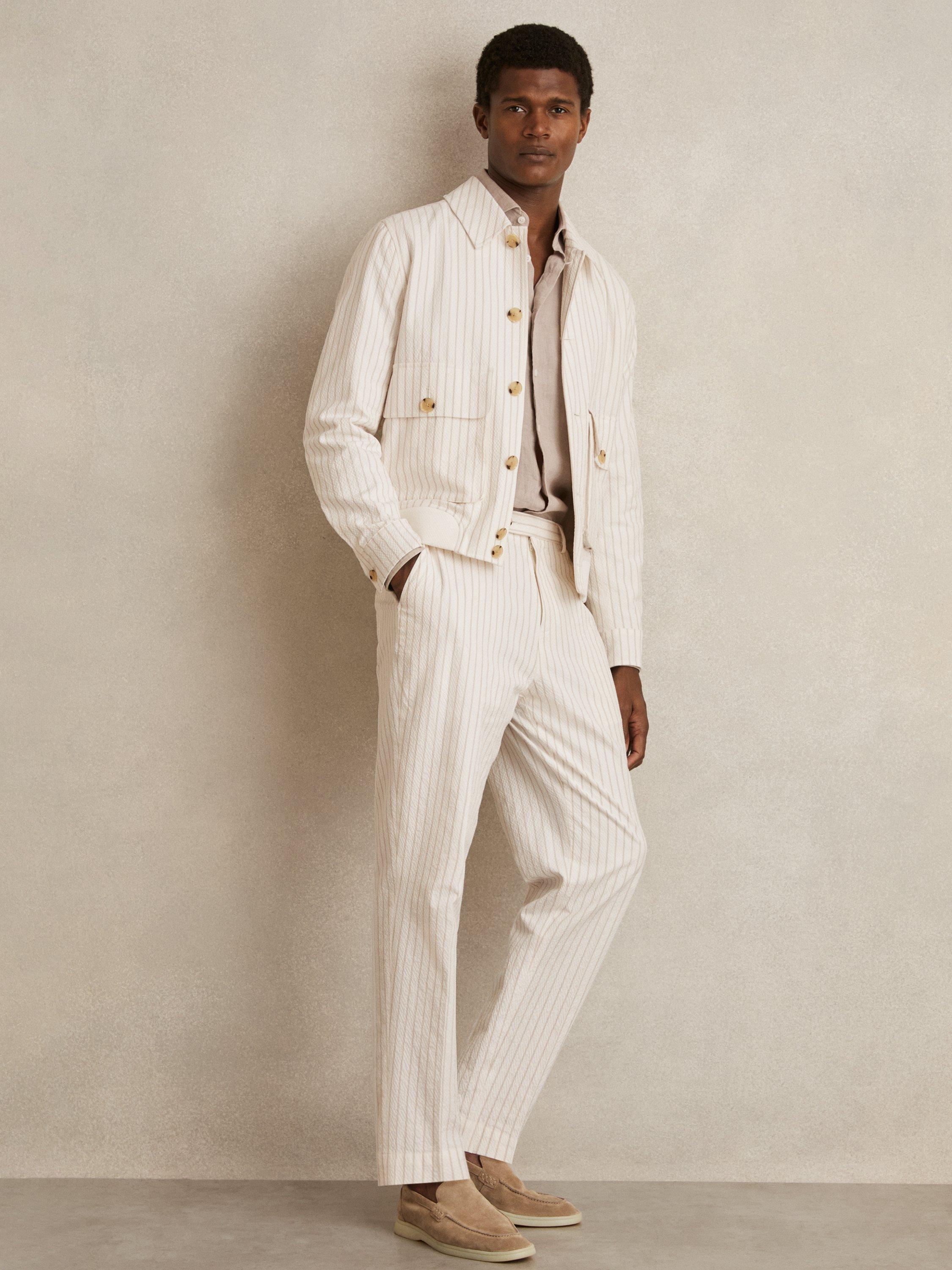 Product image 4 of 5, which shows Reiss Easton Seersucker Pinstripe Harrington Jacket, Off White/Multi, S