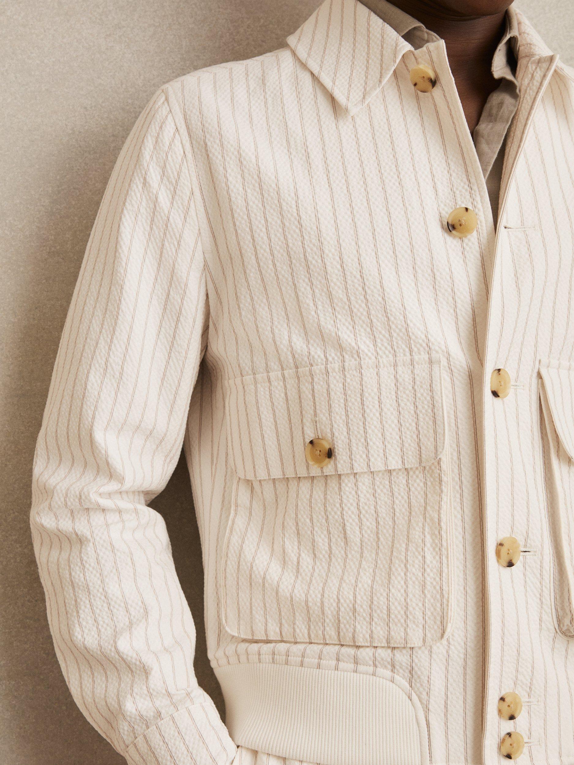 Product image 5 of 5, which shows Reiss Easton Seersucker Pinstripe Harrington Jacket, Off White/Multi, S