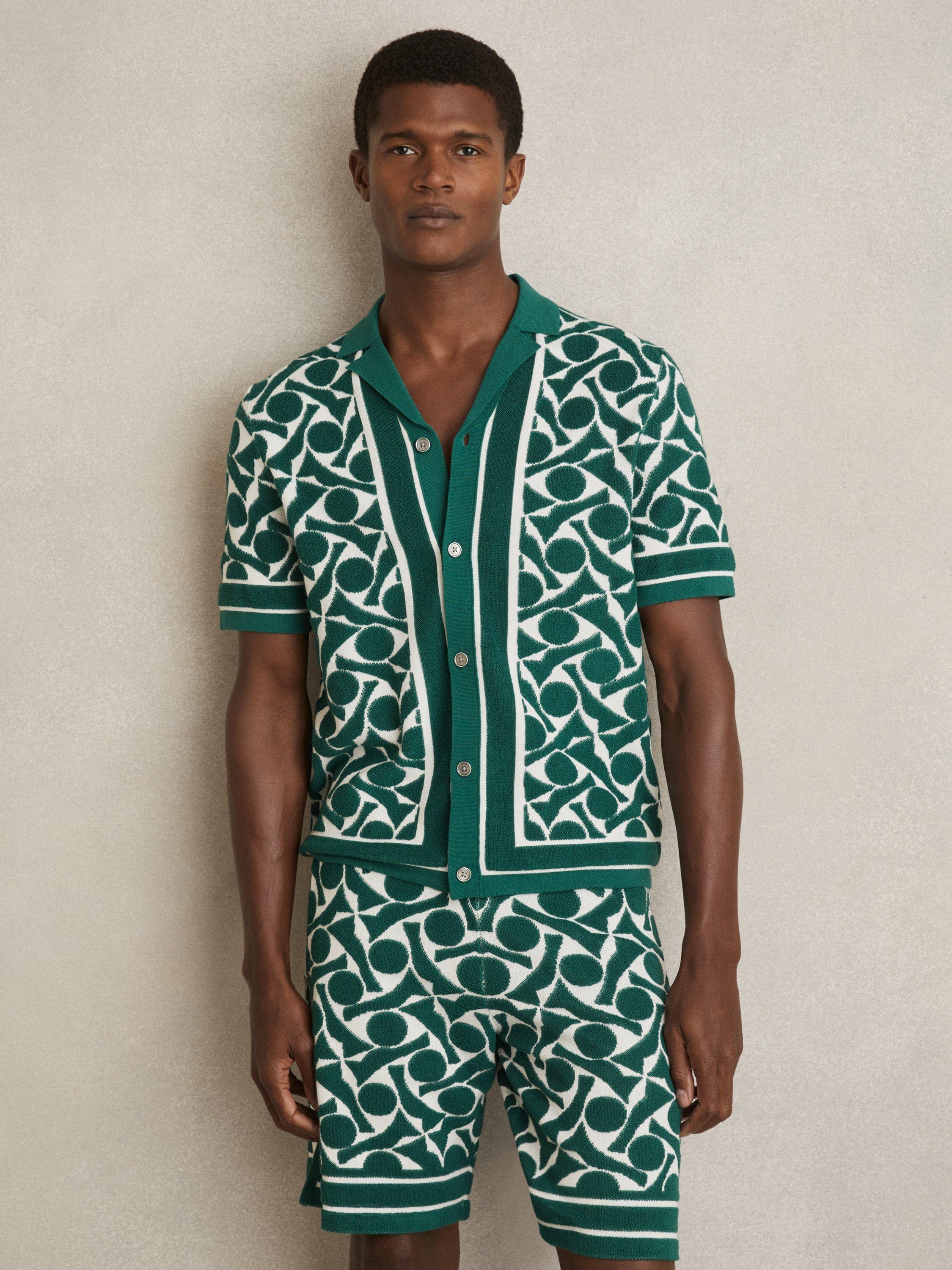 Product image 1 of 5, which shows Reiss Edmonds Regular Fit Geometric Revere Collar Shirt, Green/White, S