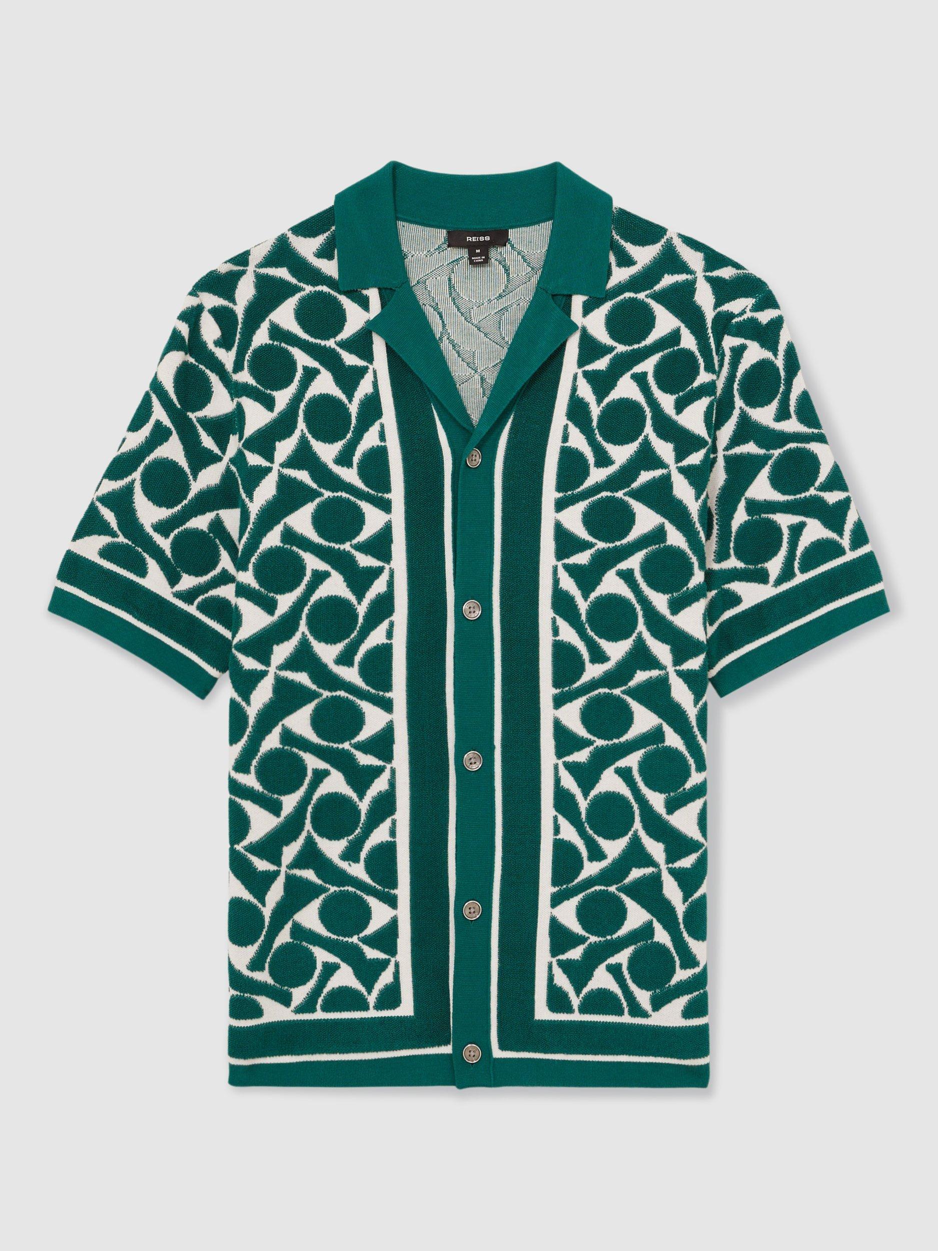Product image 3 of 5, which shows Reiss Edmonds Regular Fit Geometric Revere Collar Shirt, Green/White, S