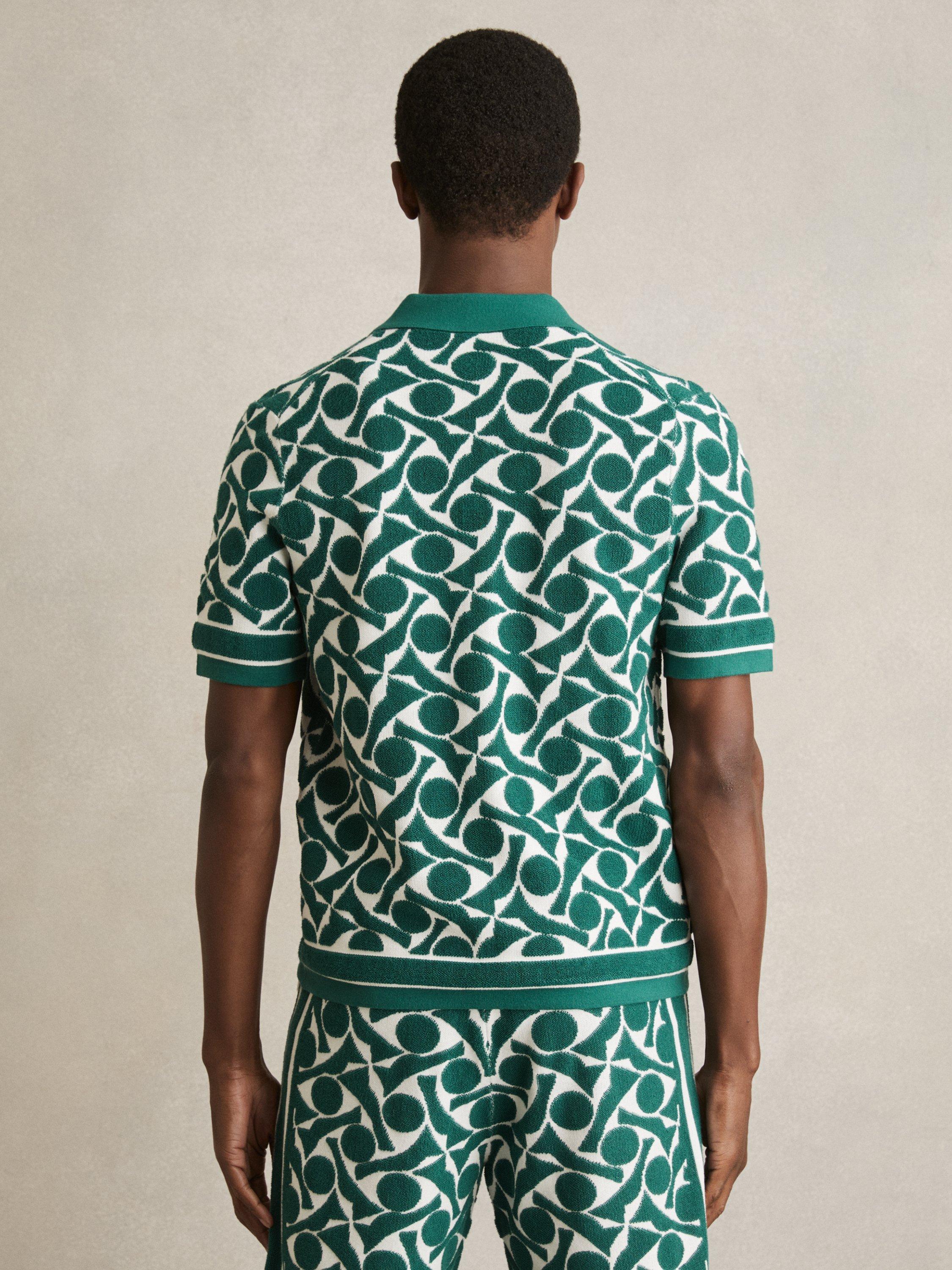 Product image 5 of 5, which shows Reiss Edmonds Regular Fit Geometric Revere Collar Shirt, Green/White, S