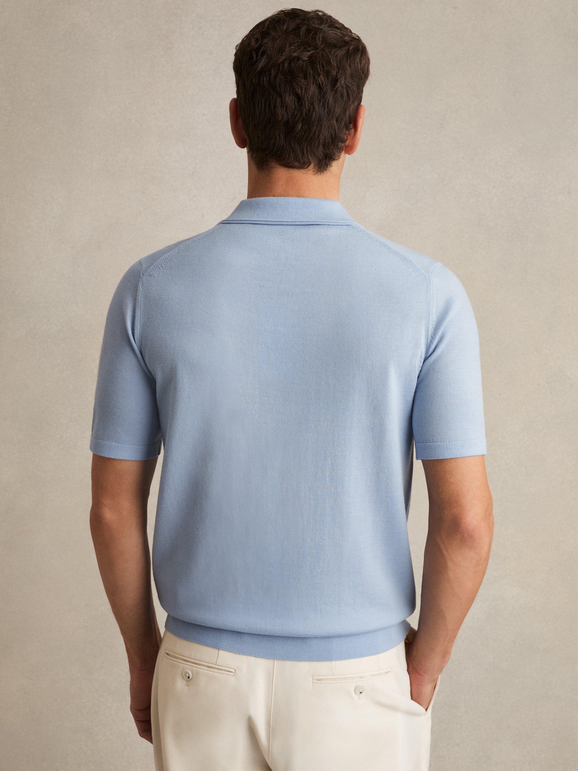 Product image 2 of 5, which shows Reiss Duchie Short Sleeve Wool Polo Shirt, Soft Blue, M
