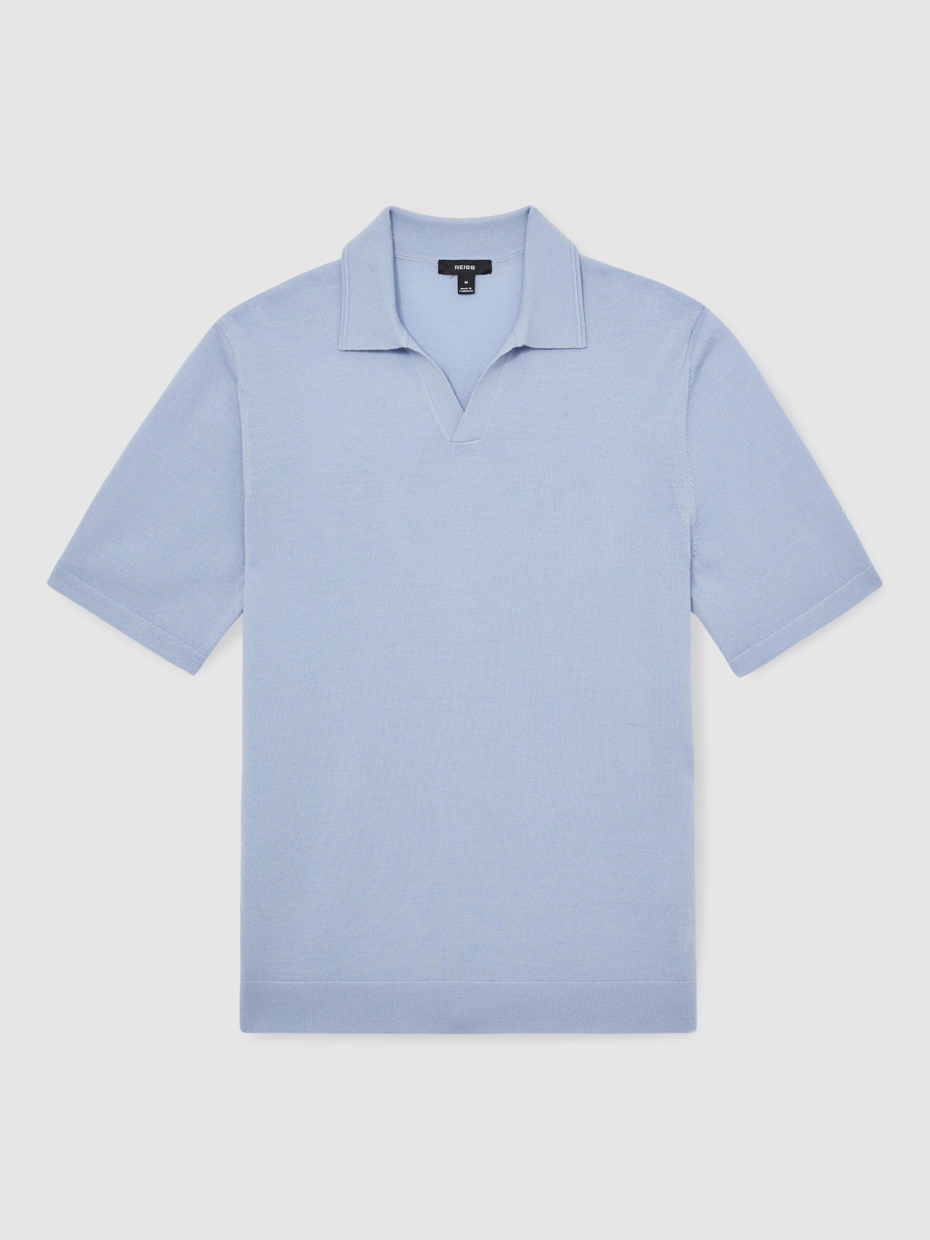 Product image 3 of 5, which shows Reiss Duchie Short Sleeve Wool Polo Shirt, Soft Blue, M