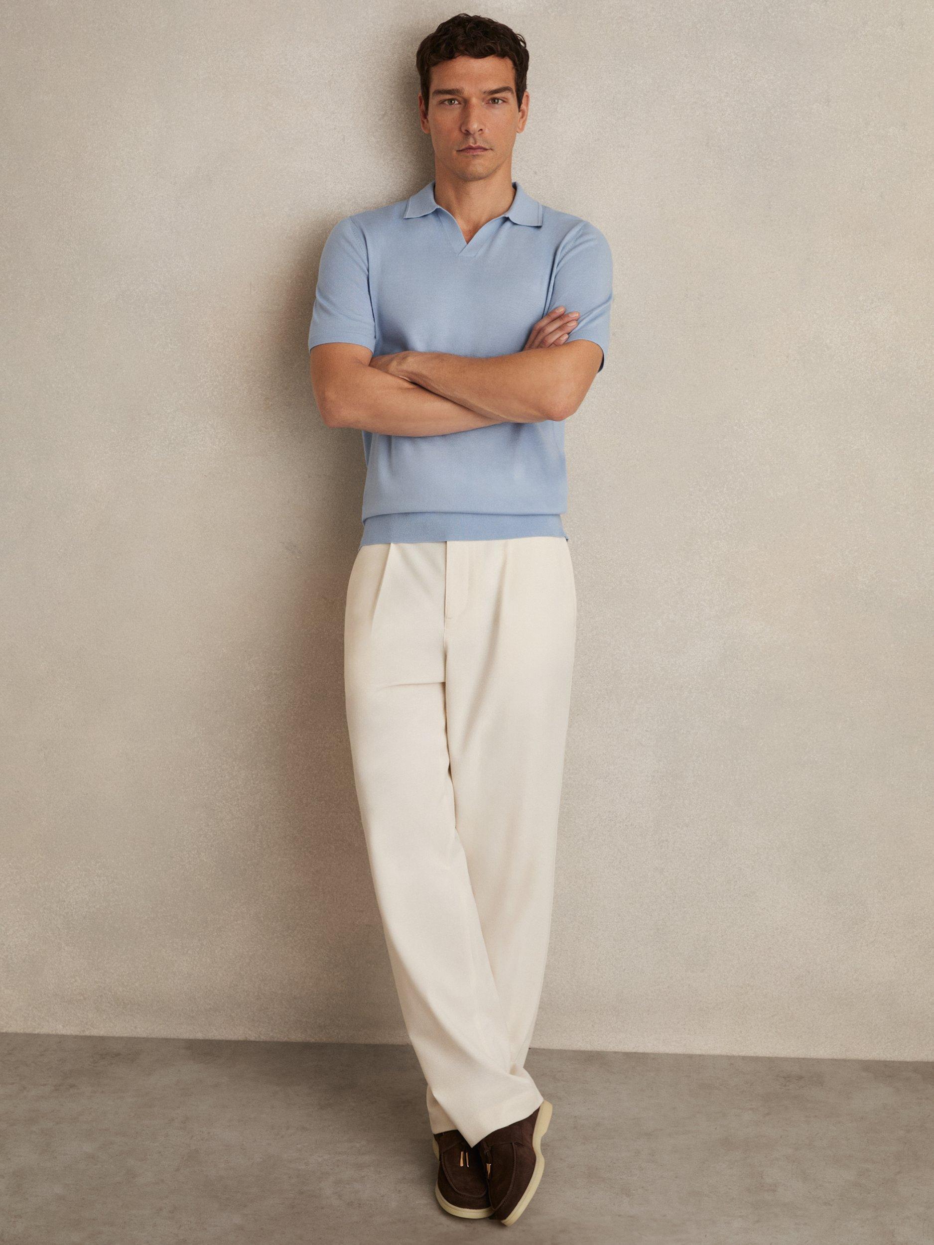Product image 4 of 5, which shows Reiss Duchie Short Sleeve Wool Polo Shirt, Soft Blue, M