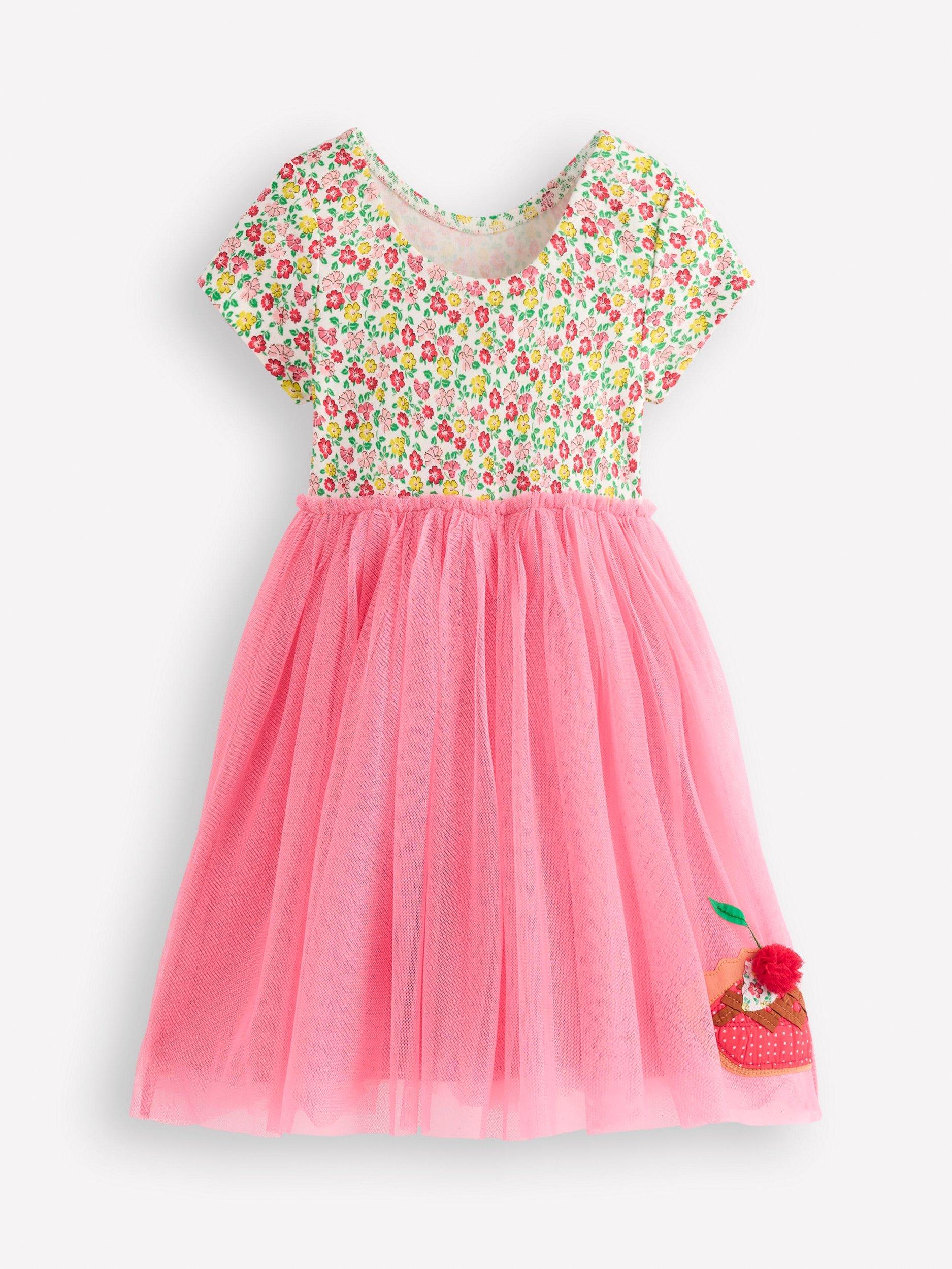 Product image 2 of 3, which shows Mini Boden Kids' Ami Cotton Tulle Applique Dress, Salmon Pink Desserts, 2-3 years