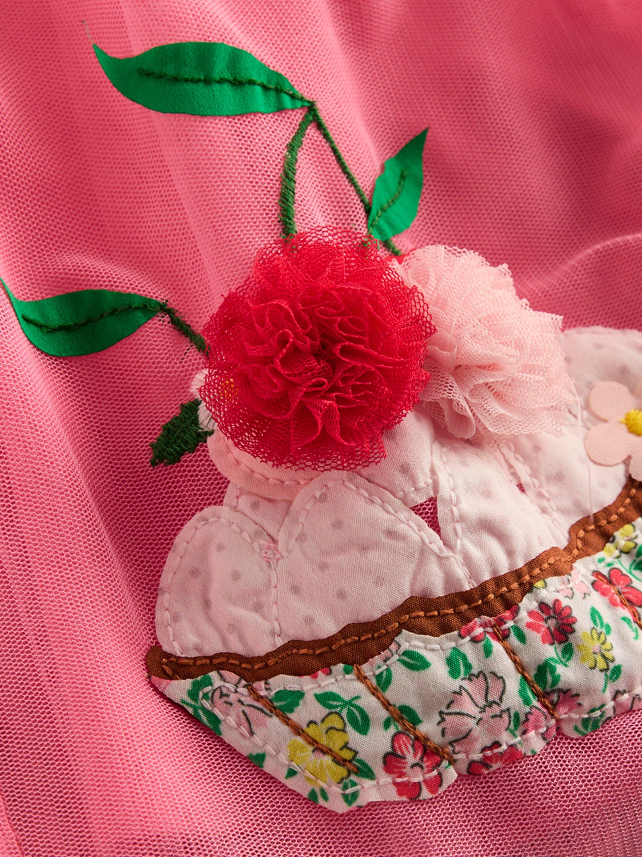 Product image 3 of 3, which shows Mini Boden Kids' Ami Cotton Tulle Applique Dress, Salmon Pink Desserts, 2-3 years