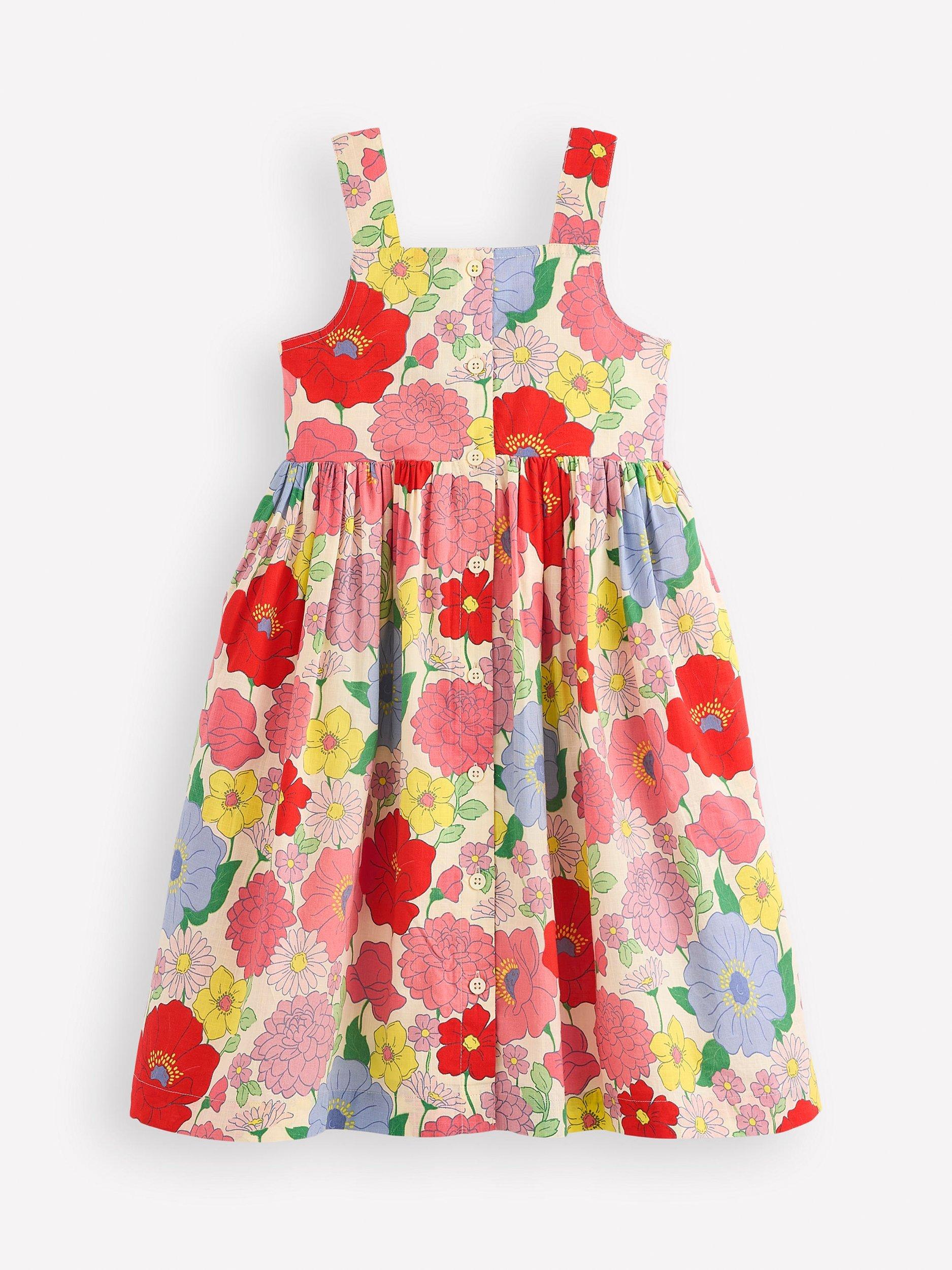 Product image 5 of 7, which shows Mini Boden Kids' Remy Cotton Sleeveless Button Dress, Multi Summer Garden, 8-9 years