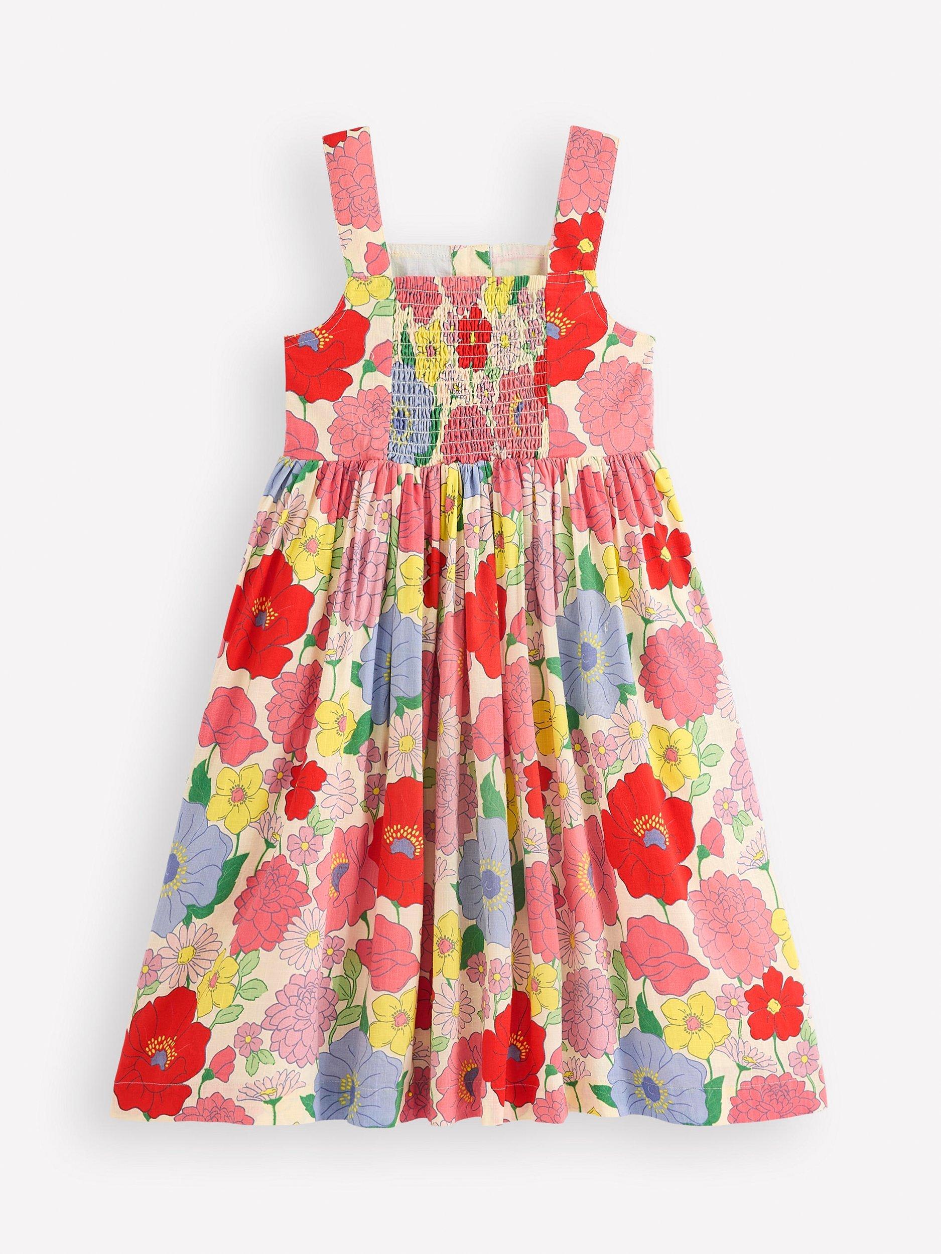 Product image 6 of 7, which shows Mini Boden Kids' Remy Cotton Sleeveless Button Dress, Multi Summer Garden, 8-9 years