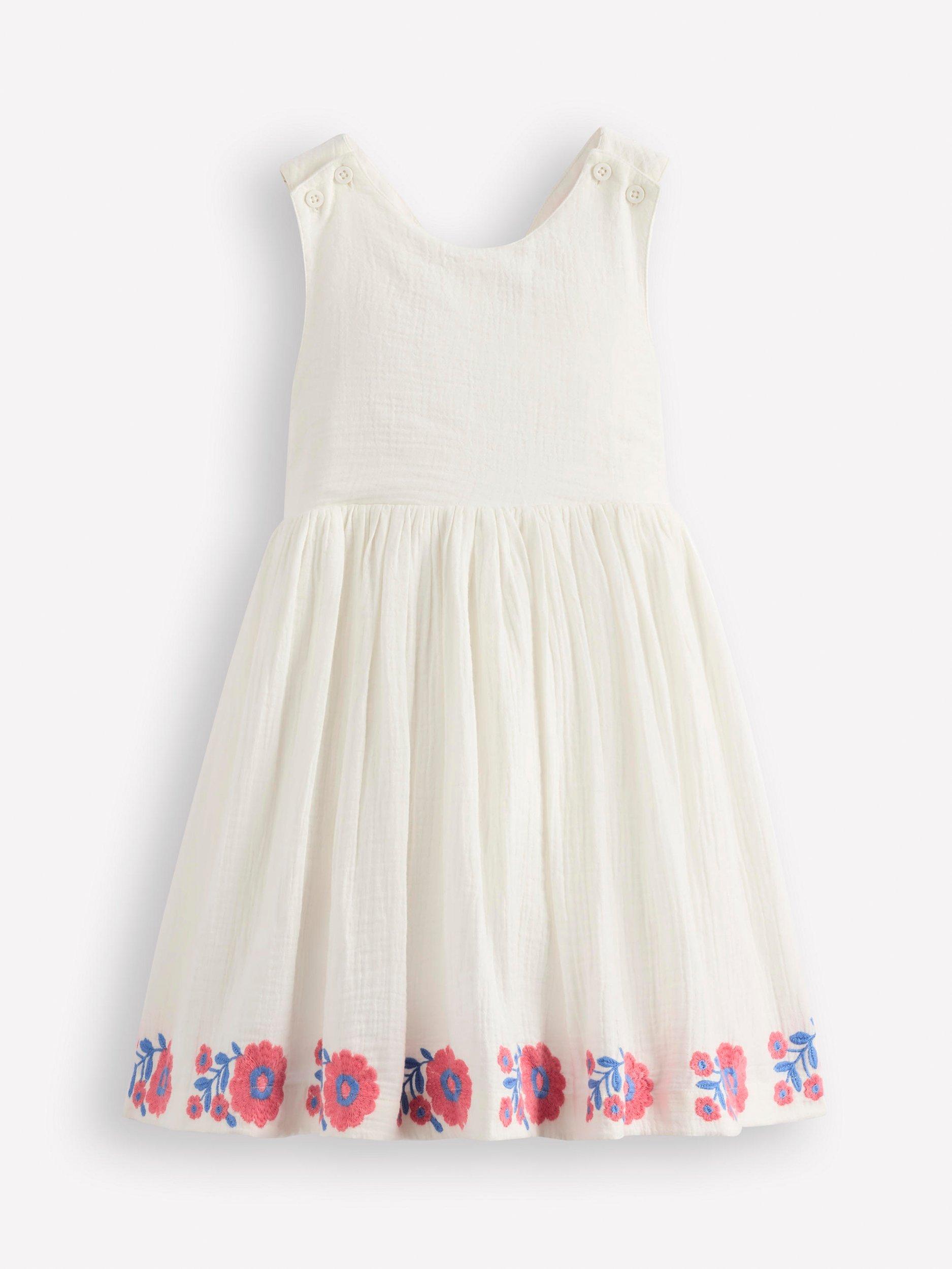 Product image 4 of 6, which shows Mini Boden Kids' Harper Cotton Sleeveless Floral Dress, White Embroidered, 2-3 years