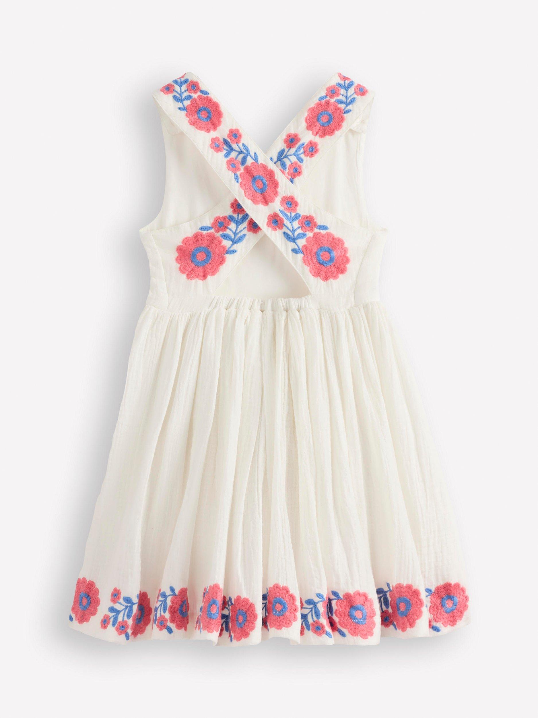 Product image 5 of 6, which shows Mini Boden Kids' Harper Cotton Sleeveless Floral Dress, White Embroidered, 2-3 years