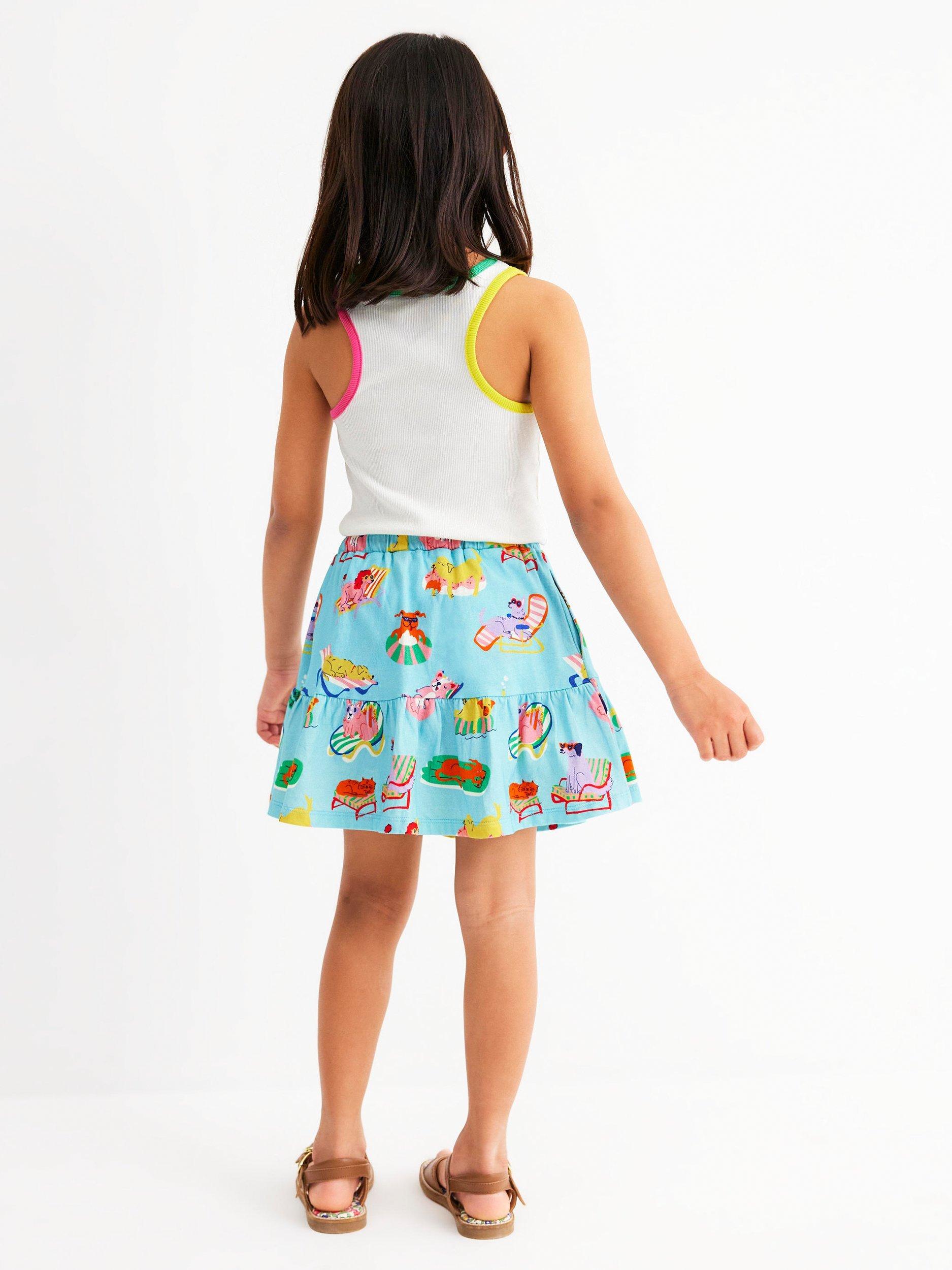 Product image 3 of 7, which shows Mini Boden Kids' Cotton Tiered Jersey Skort, Blue Poolside Pets, 8-9 years