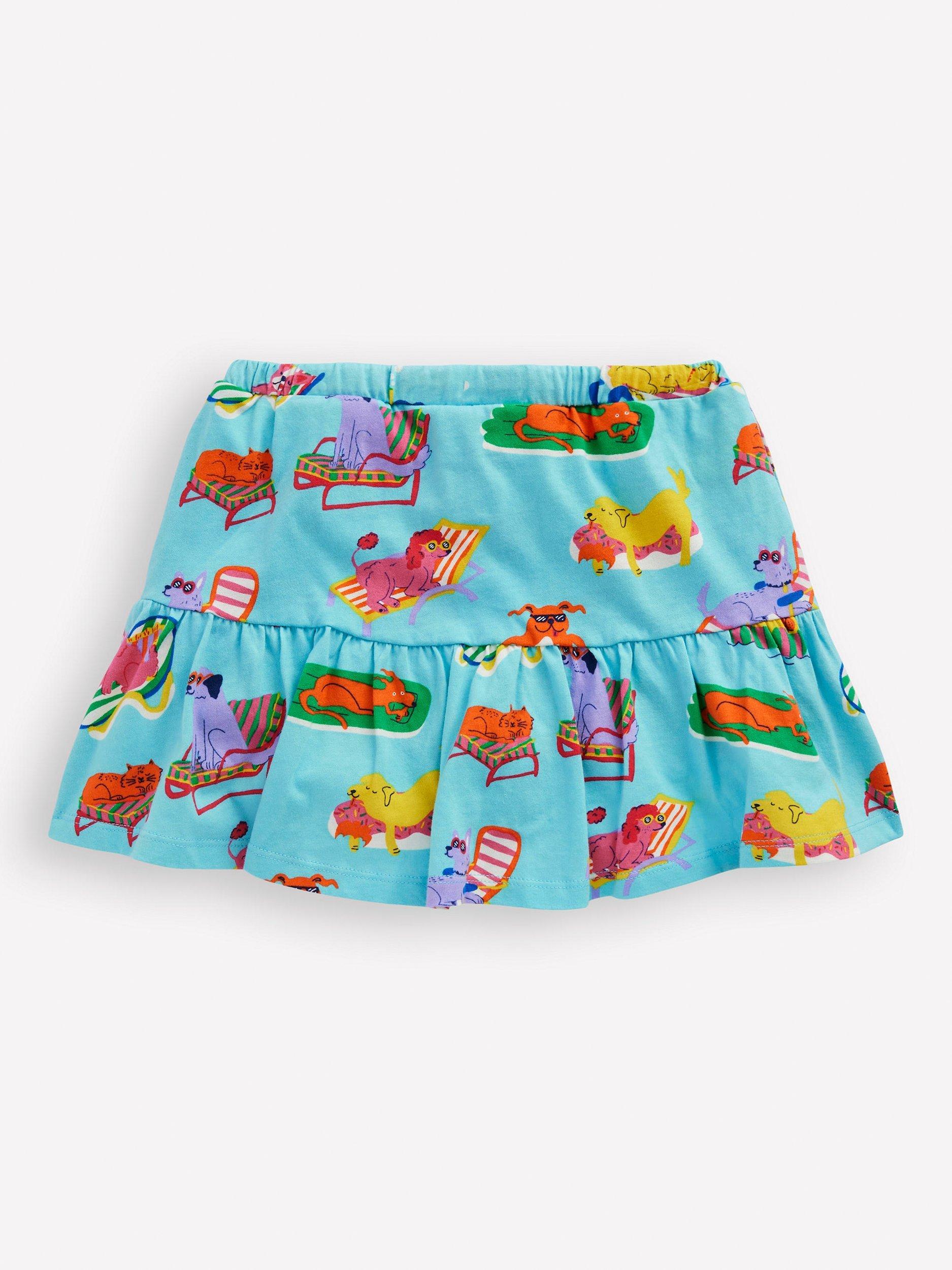 Product image 5 of 7, which shows Mini Boden Kids' Cotton Tiered Jersey Skort, Blue Poolside Pets, 8-9 years