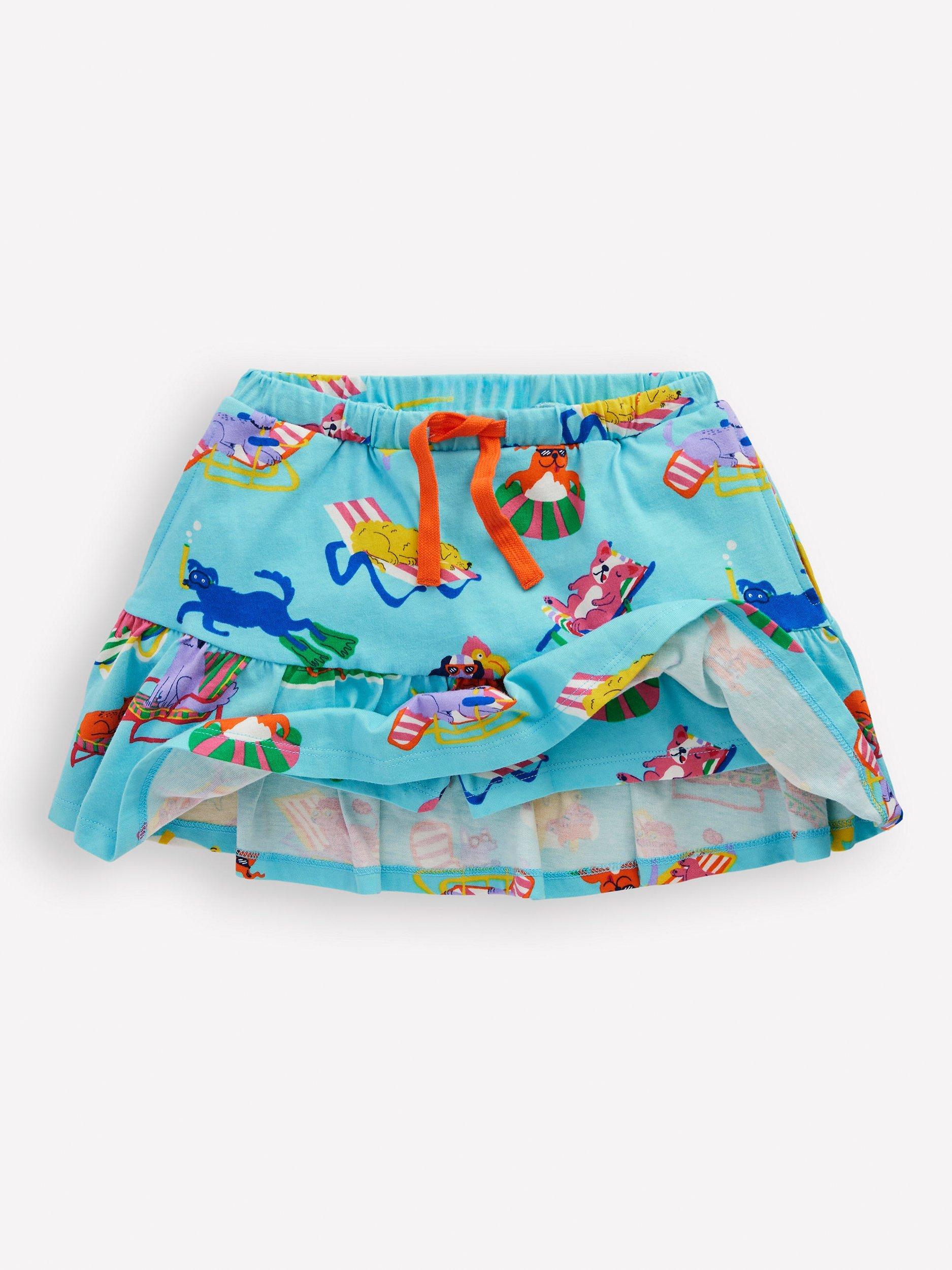 Product image 7 of 7, which shows Mini Boden Kids' Cotton Tiered Jersey Skort, Blue Poolside Pets, 8-9 years