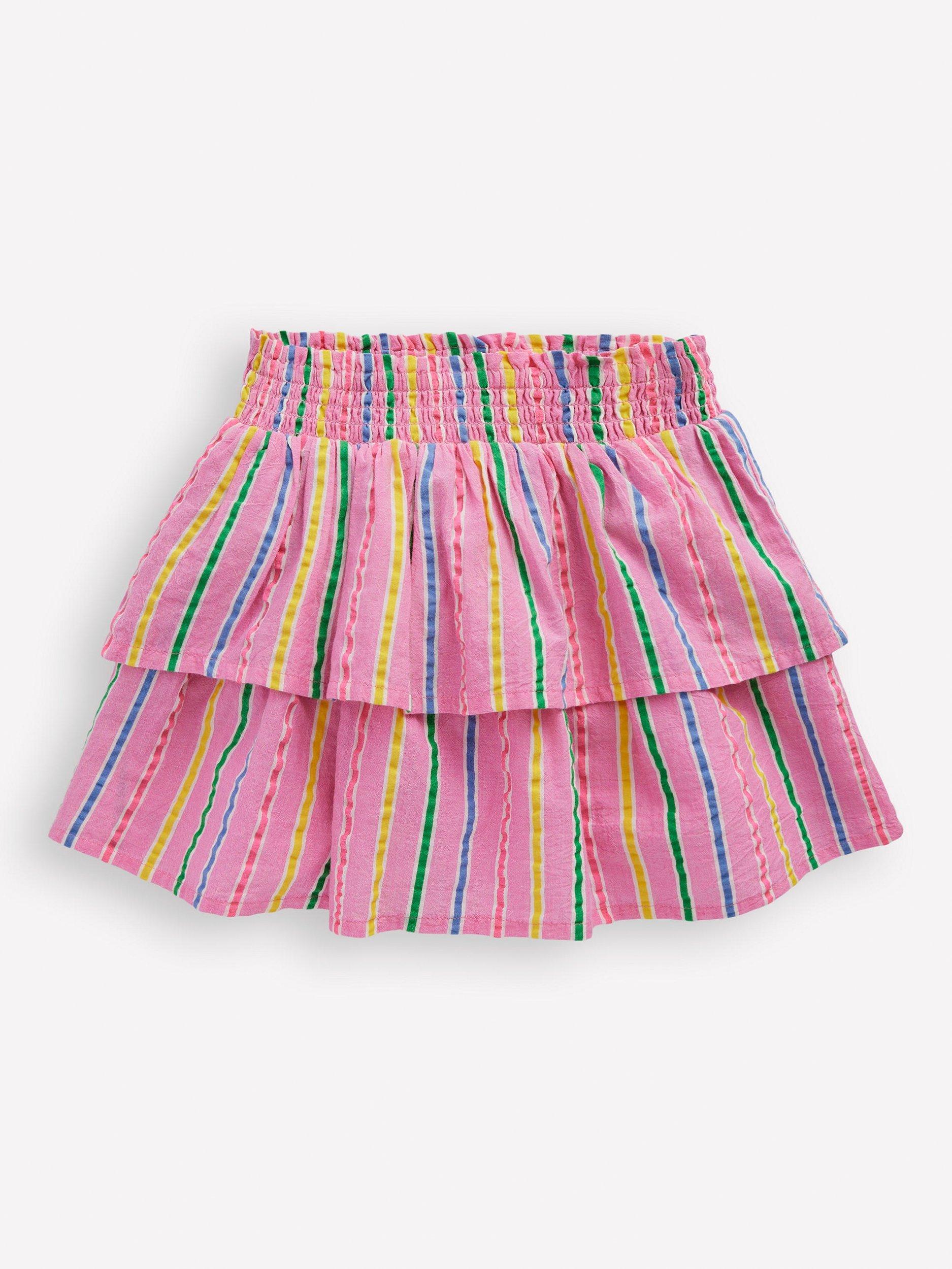 Product image 1 of 3, which shows Mini Boden Kids' Cotton Blend Tiered Woven Skirt, Pink Multi Stripe, 2-3 years