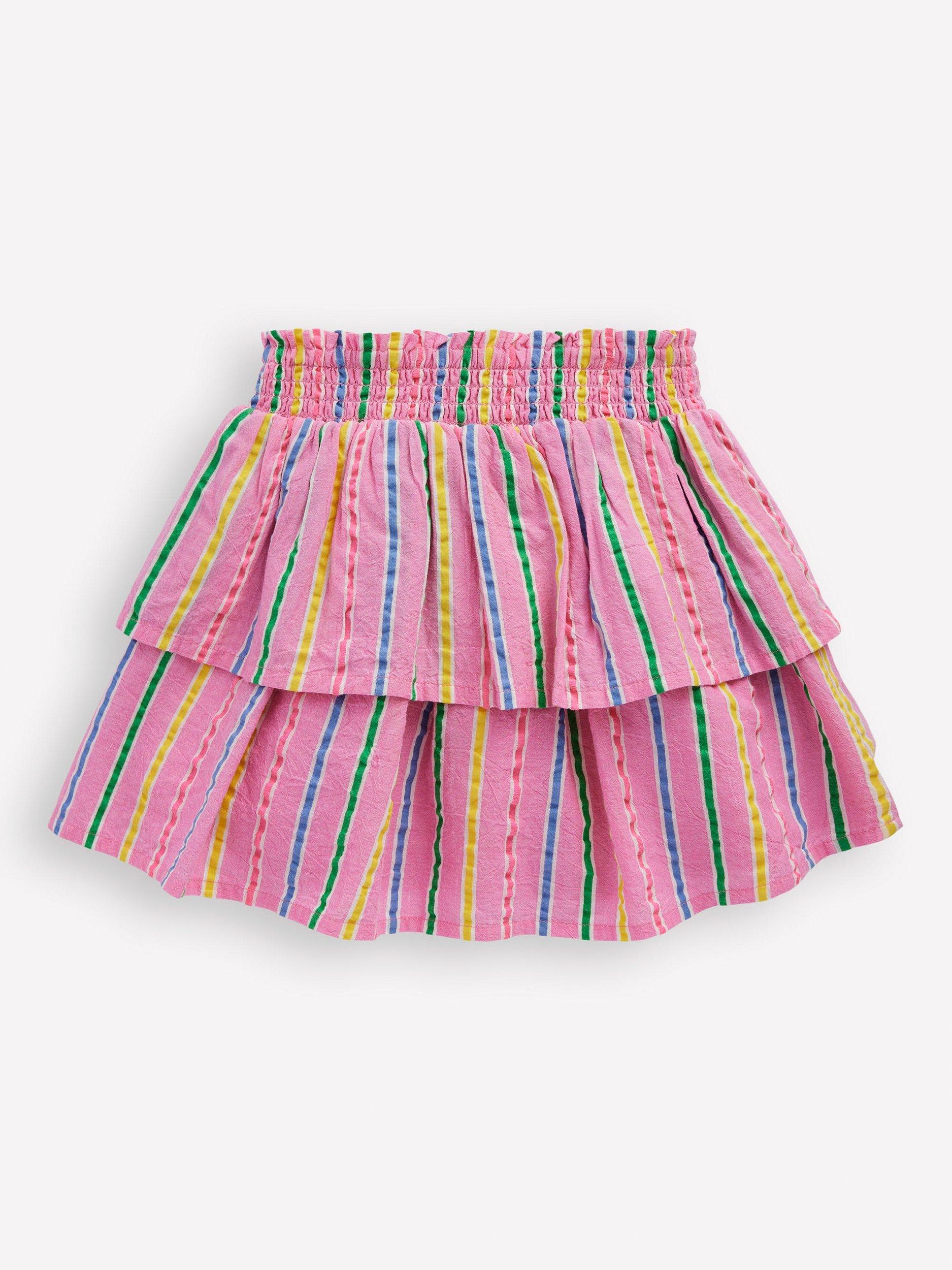 Product image 2 of 3, which shows Mini Boden Kids' Cotton Blend Tiered Woven Skirt, Pink Multi Stripe, 2-3 years
