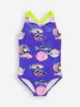 Mini Boden Kids' Cross Strap Printed Swimming Costume, Blue Heron Fish