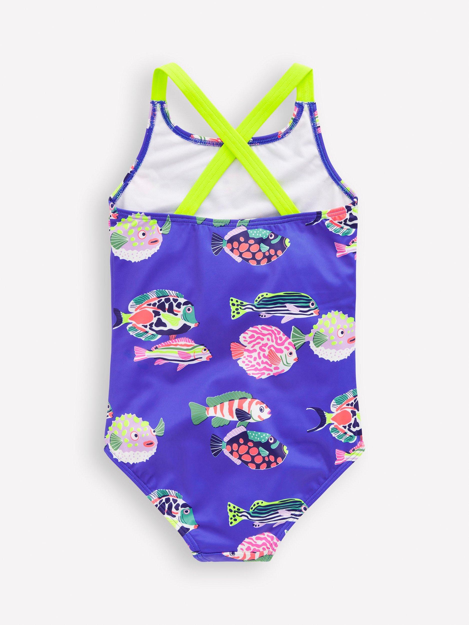 Product image 2 of 3, which shows Mini Boden Kids' Cross Strap Printed Swimming Costume, Blue Heron Fish, 2-3 years