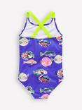 Mini Boden Kids' Cross Strap Printed Swimming Costume, Blue Heron Fish