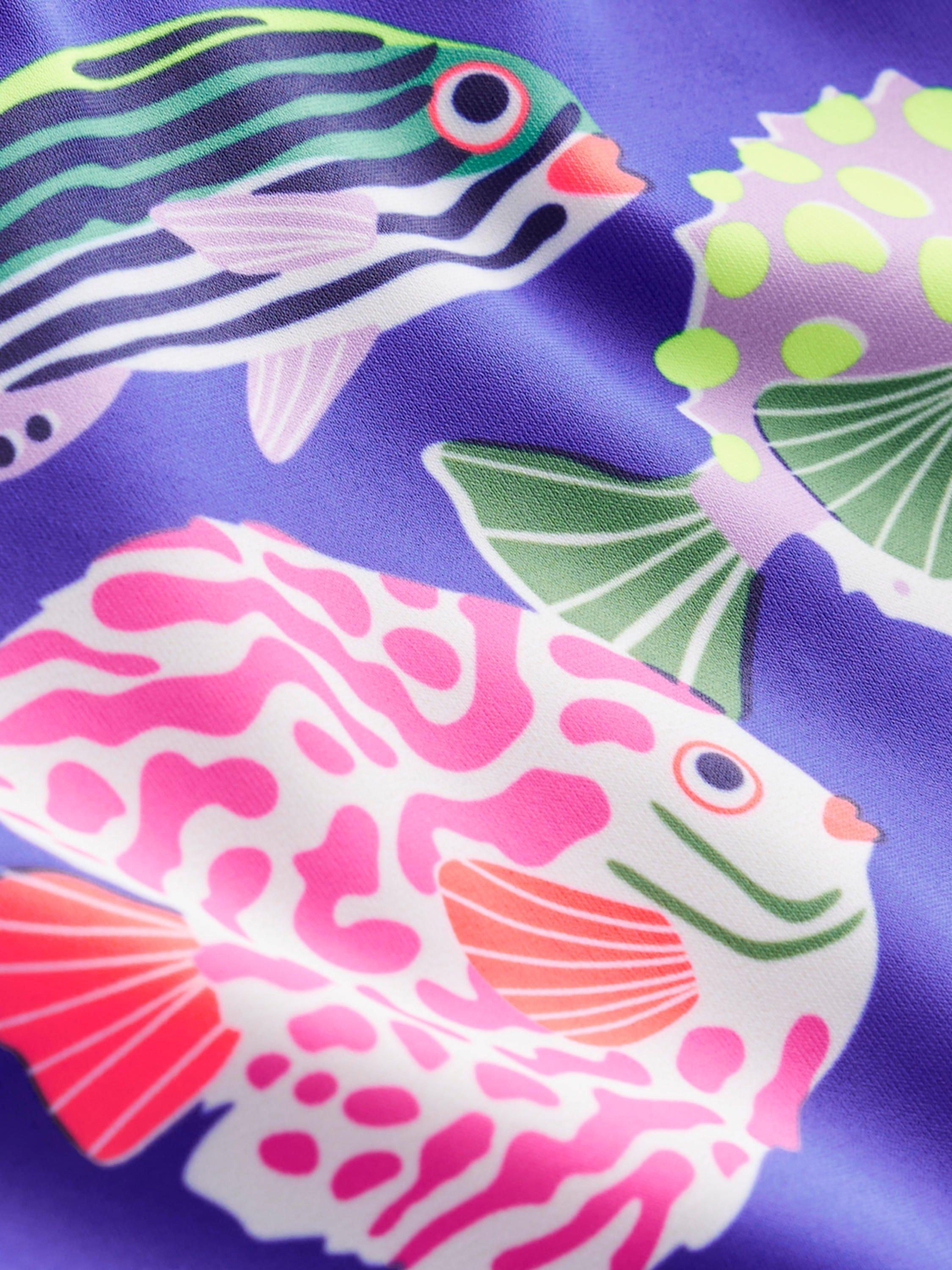 Product image 3 of 3, which shows Mini Boden Kids' Cross Strap Printed Swimming Costume, Blue Heron Fish, 2-3 years