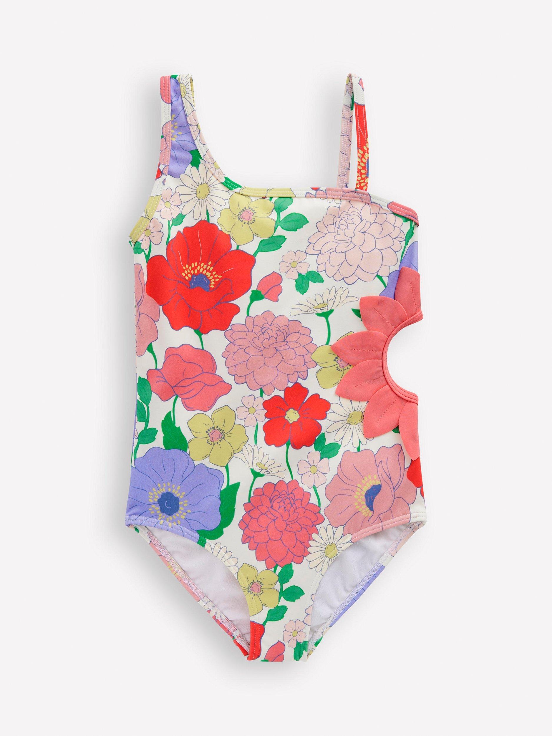 Product image 1 of 3, which shows Mini Boden Kids' One Shoulder Cut-Out Swimming Costume, Multi Summer Garden, 2-3 years