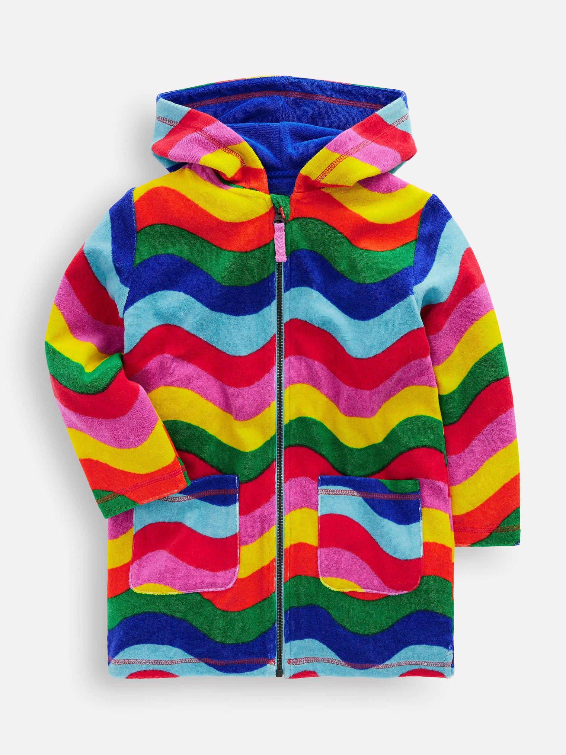 Product image 1 of 3, which shows Mini Boden Kids' Romie Cotton Blend Hooded Towelling Top, Multi Wave Stripe, 2-3 years