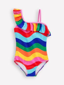 Mini Boden Kids' Lila One Shoulder Frill Swimming Costume, Multi Rainbow Wave, Multi Rainbow Wave