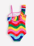 Mini Boden Kids' Lila One Shoulder Frill Swimming Costume, Multi Rainbow Wave