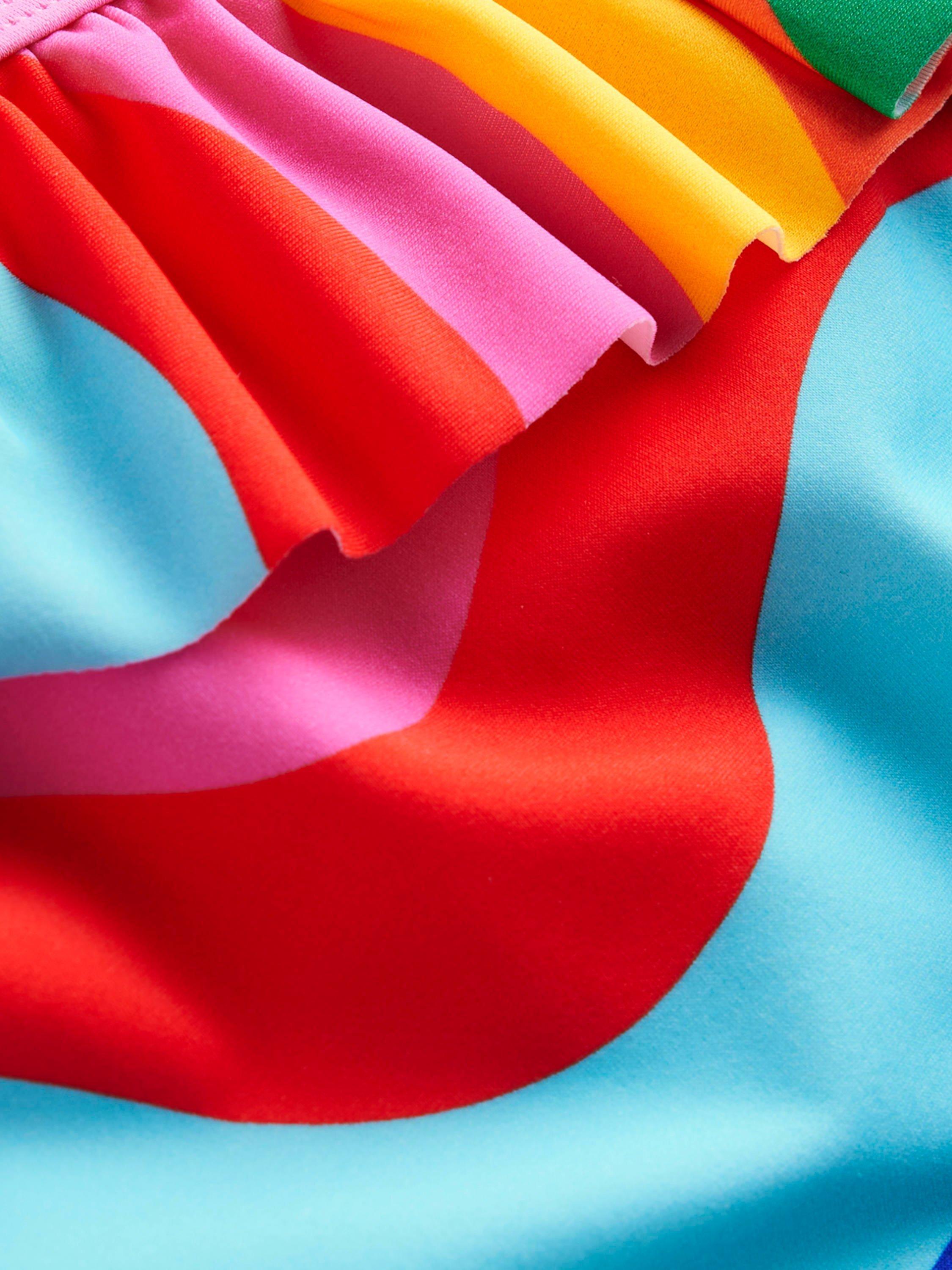 Product image 3 of 3, which shows Mini Boden Kids' Lila One Shoulder Frill Swimming Costume, Multi Rainbow Wave, 2-3 years