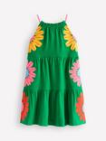 Mini Boden Kids' Enola Cotton Sleeveless Tiered Dress, Rich Emerald Flowers