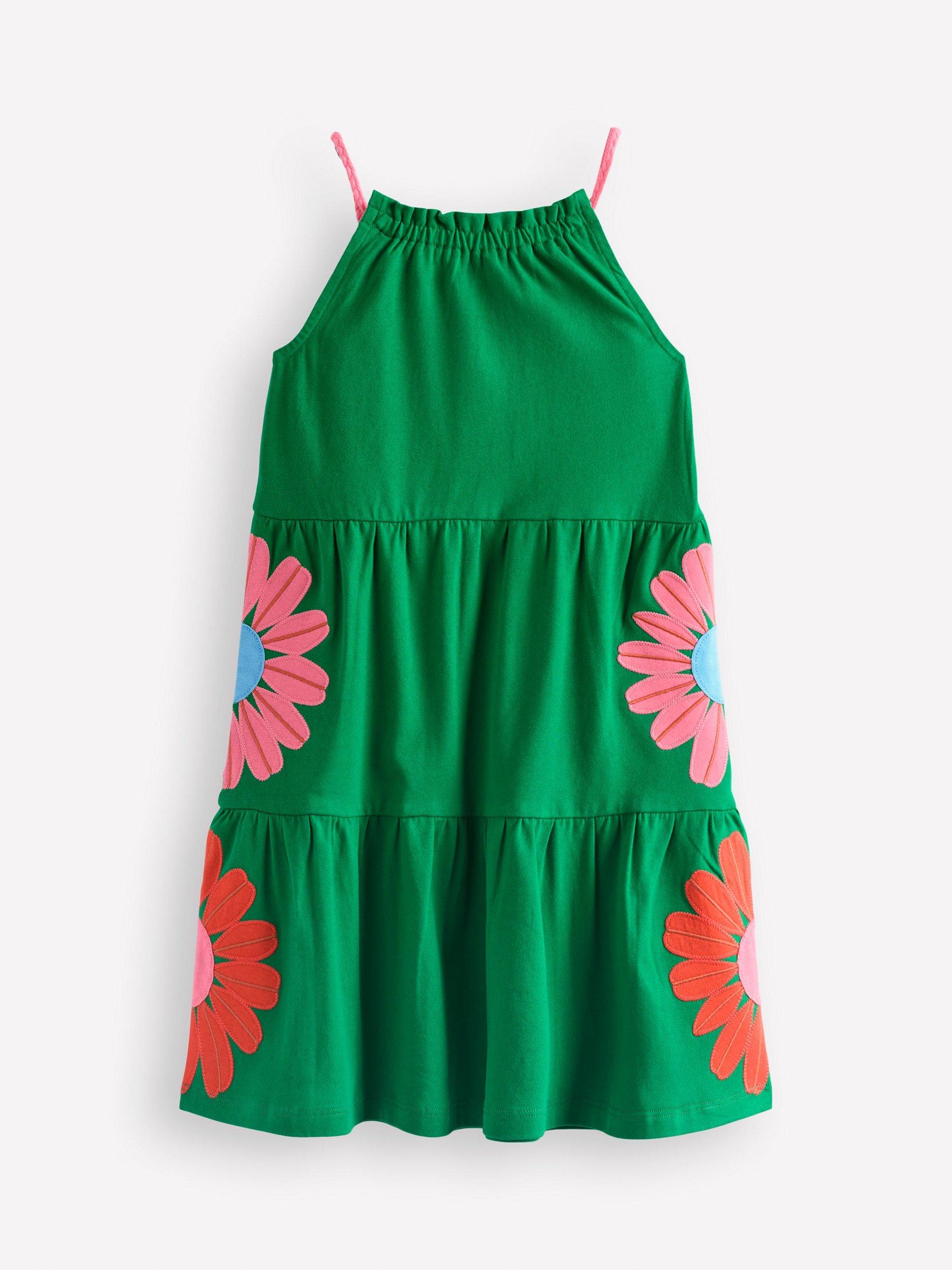 Product image 2 of 3, which shows Mini Boden Kids' Enola Cotton Sleeveless Tiered Dress, Rich Emerald Flowers, 7-8 years