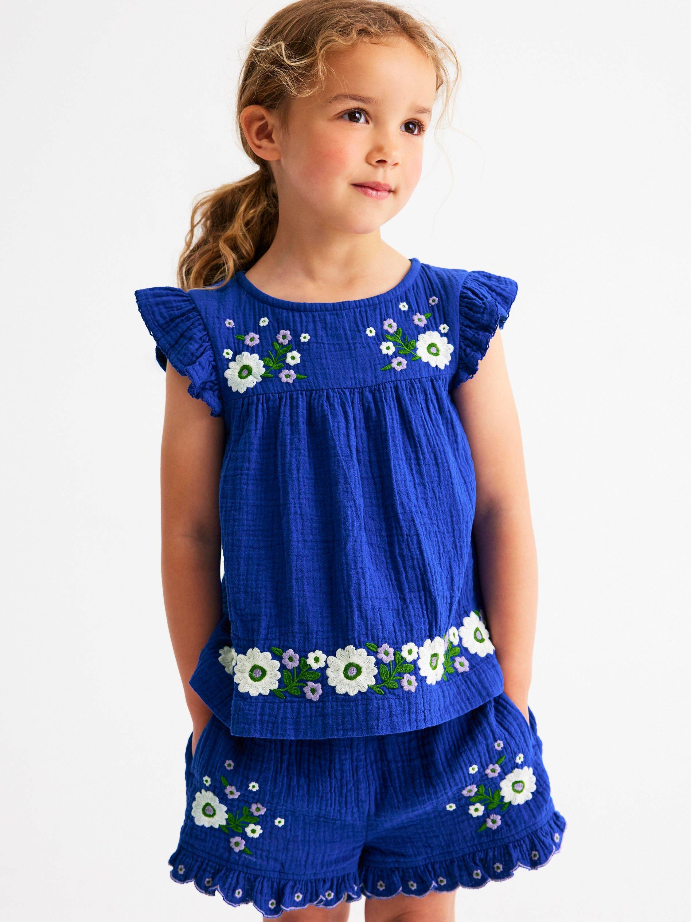 Mini Boden Kids' Cotton Frill Sleeve Top,  Blue Embroidered