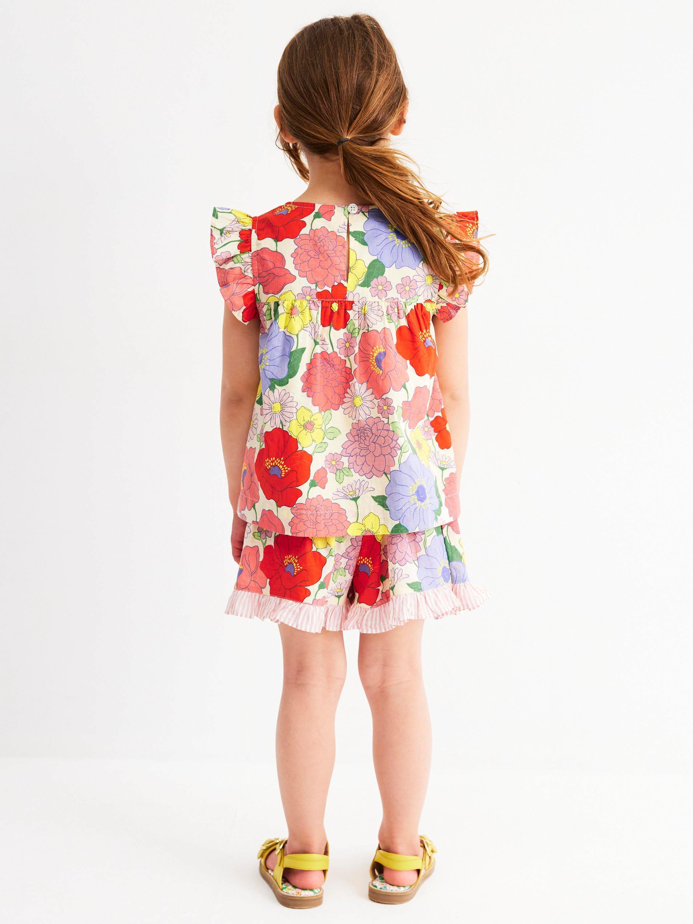 Product image 3 of 6, which shows Mini Boden Kids' Juniper Cotton Frill Sleeved Top, Multi Summer Garden, 3-4 years