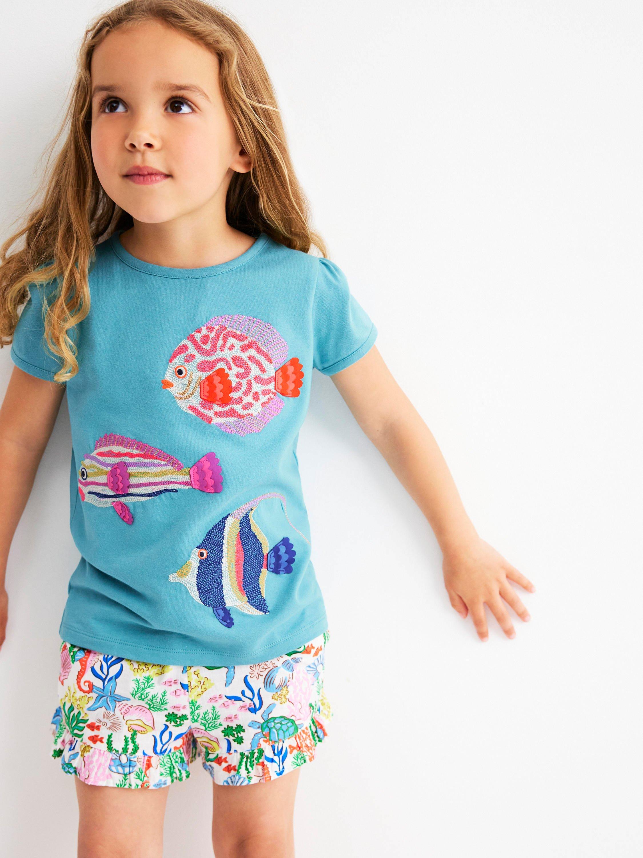 Product image 1 of 5, which shows Mini Boden Kids' Cotton Short Sleeved Applique T-Shirt, Aqua Sea Blue Fish, 9-10 years