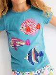 Mini Boden Kids' Cotton Short Sleeved Applique T-Shirt, Aqua Sea Blue Fish