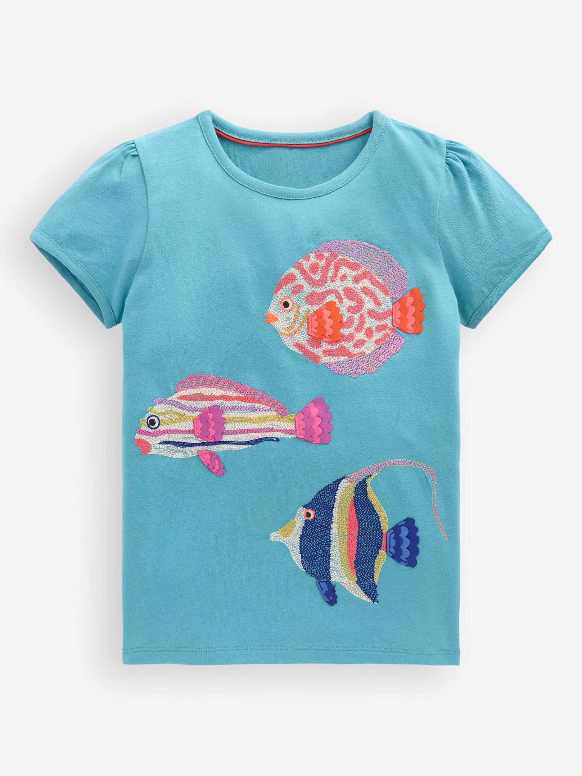 Product image 3 of 5, which shows Mini Boden Kids' Cotton Short Sleeved Applique T-Shirt, Aqua Sea Blue Fish, 9-10 years