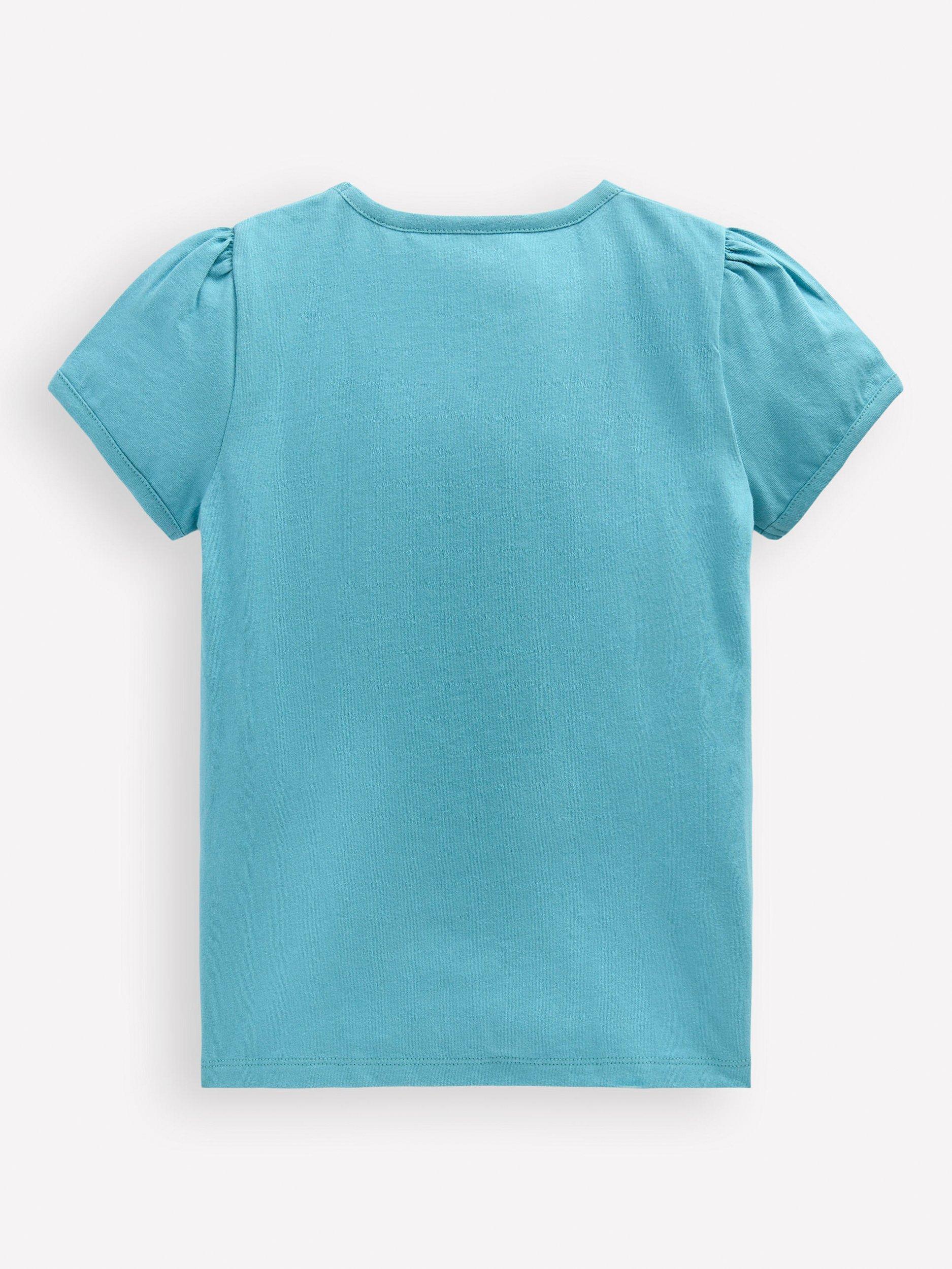 Product image 4 of 5, which shows Mini Boden Kids' Cotton Short Sleeved Applique T-Shirt, Aqua Sea Blue Fish, 9-10 years