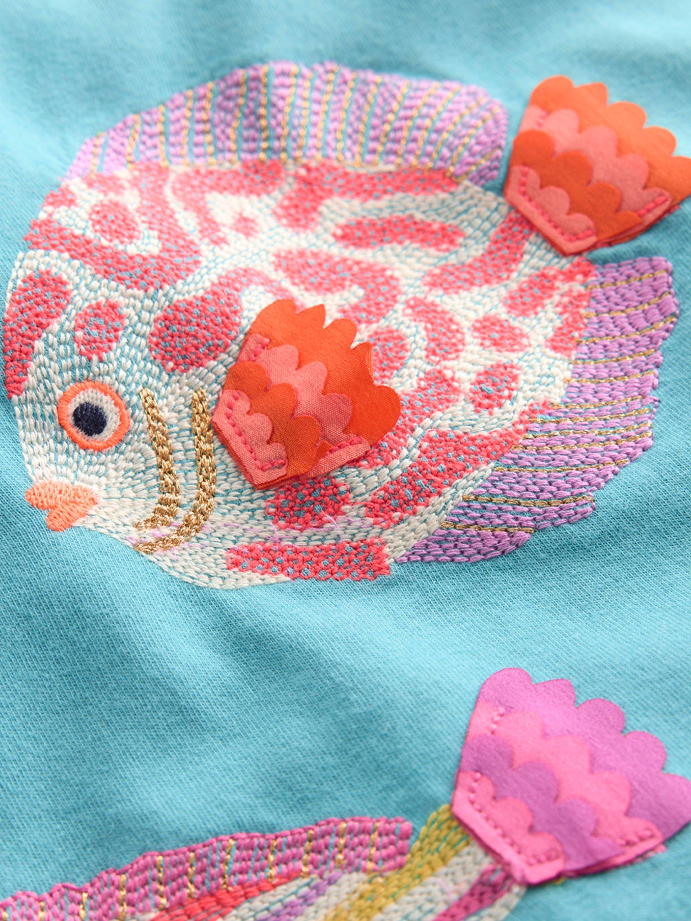 Product image 5 of 5, which shows Mini Boden Kids' Cotton Short Sleeved Applique T-Shirt, Aqua Sea Blue Fish, 9-10 years
