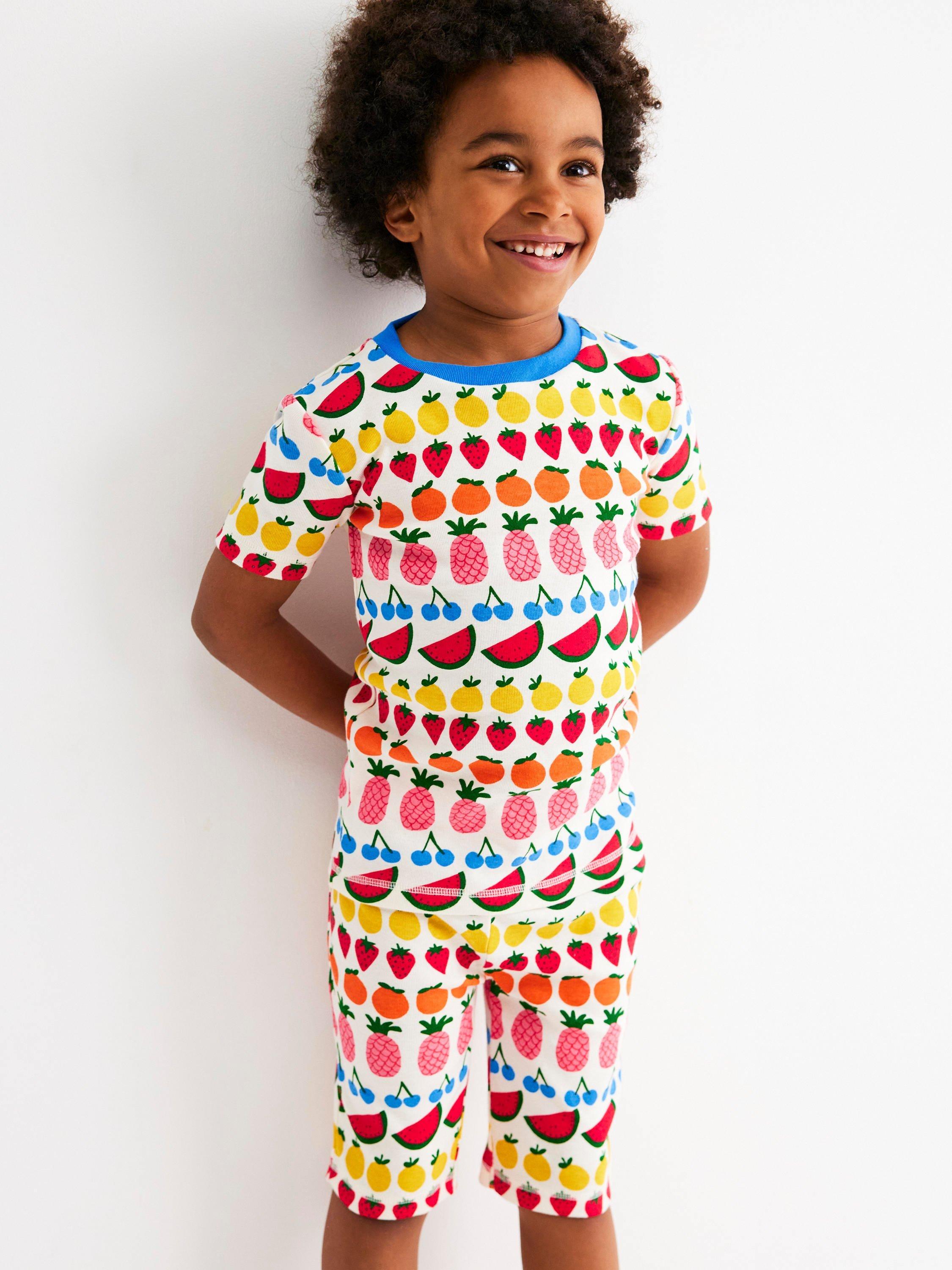 Product image 1 of 6, which shows Mini Boden Kids' Cotton Snug Short Pyjamas, Fruit Stripe, 3 years