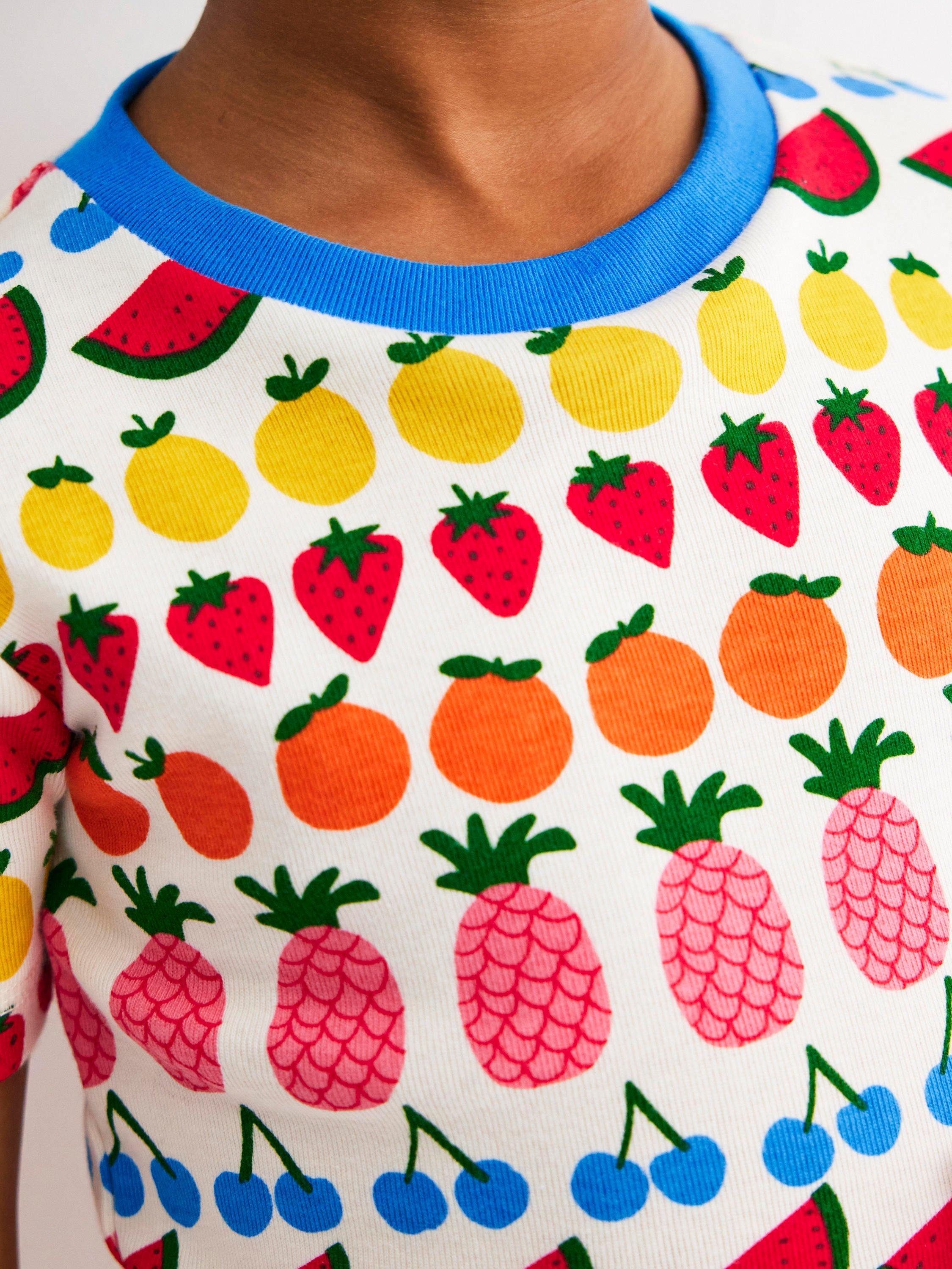 Product image 2 of 6, which shows Mini Boden Kids' Cotton Snug Short Pyjamas, Fruit Stripe, 3 years