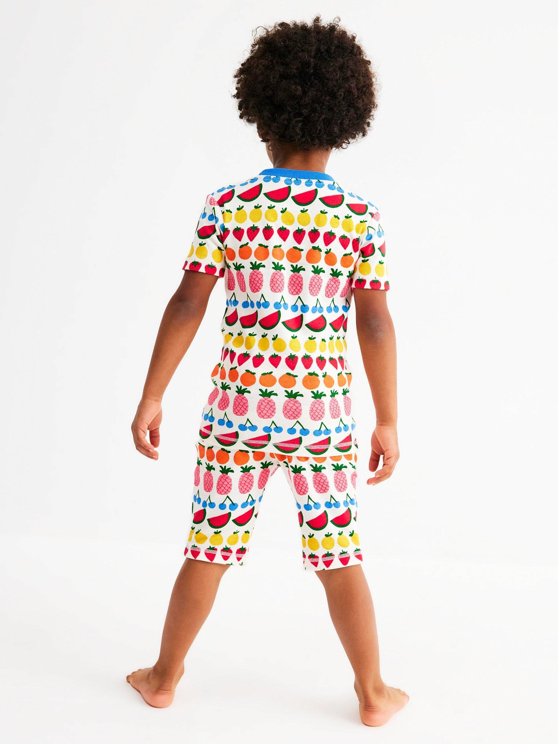 Product image 3 of 6, which shows Mini Boden Kids' Cotton Snug Short Pyjamas, Fruit Stripe, 3 years