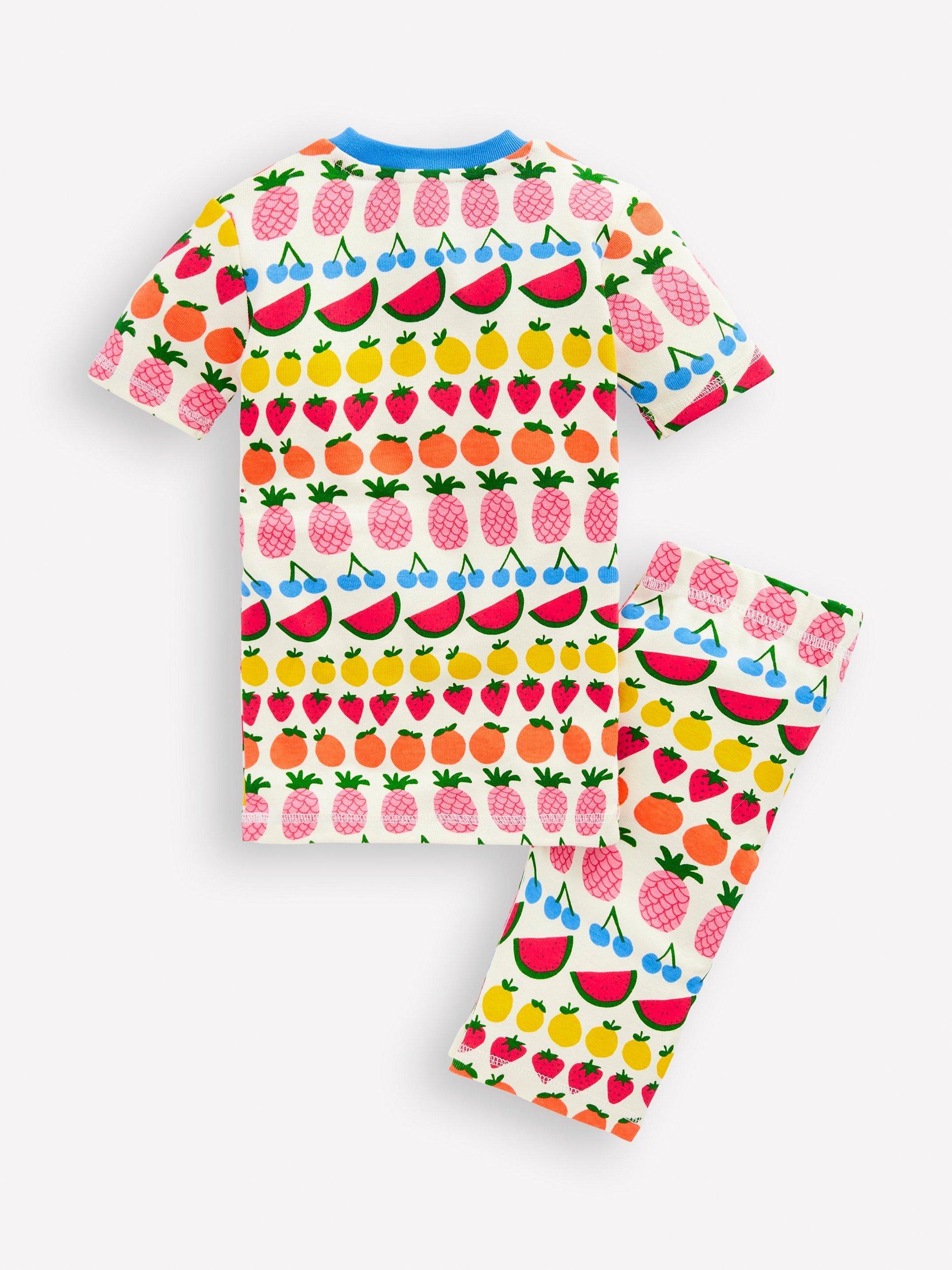 Product image 5 of 6, which shows Mini Boden Kids' Cotton Snug Short Pyjamas, Fruit Stripe, 3 years