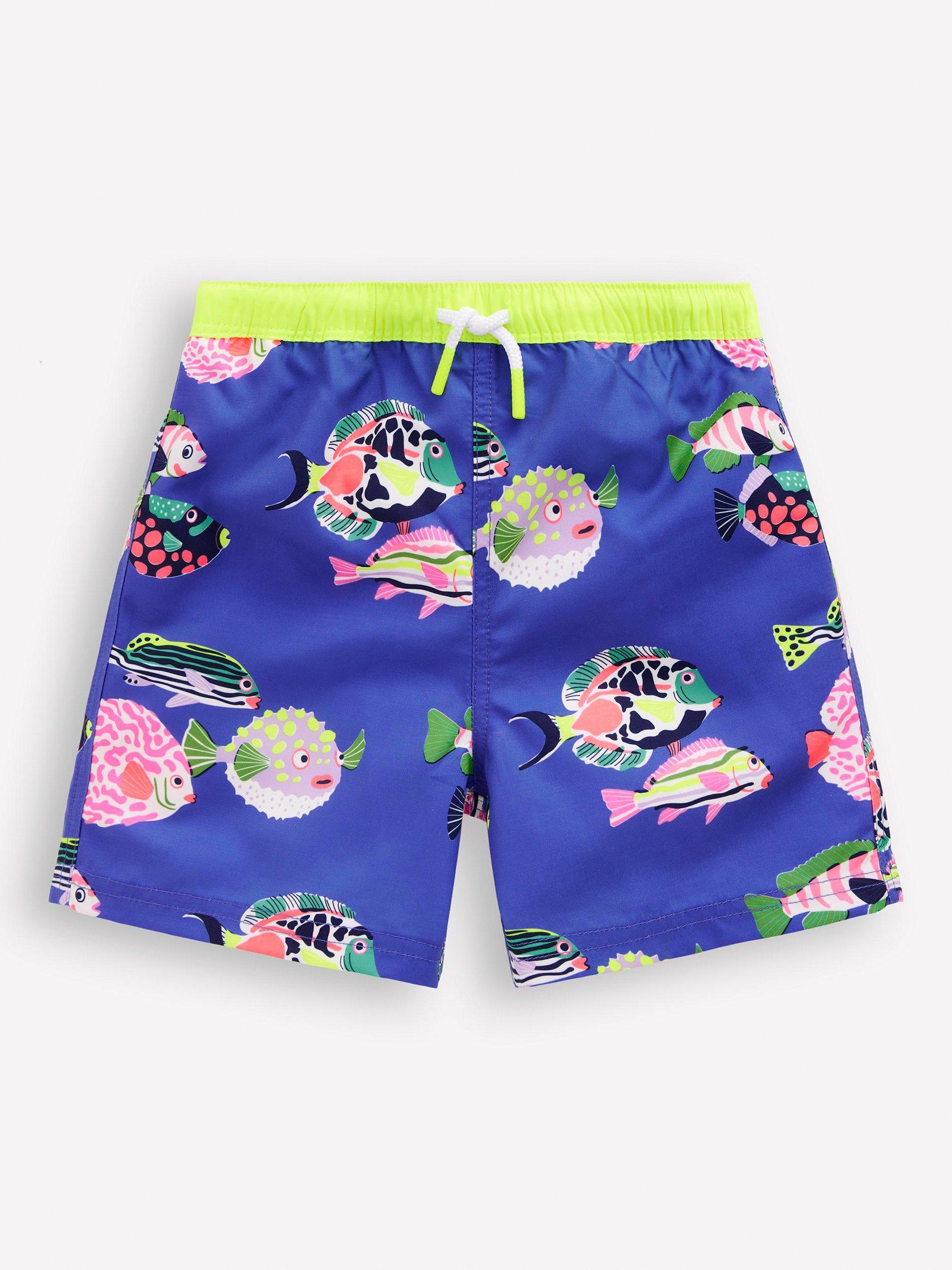 Product image 1 of 3, which shows Mini Boden Kids' Drawstring Swim Shorts, Blue Heron Fish, 2-3 years