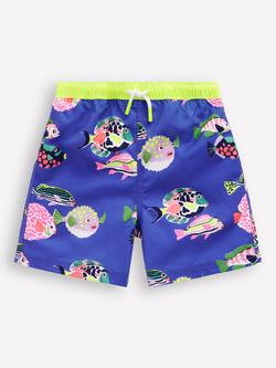 Mini Boden Kids' Drawstring Swim Shorts, Blue Heron Fish, Blue Heron Fish