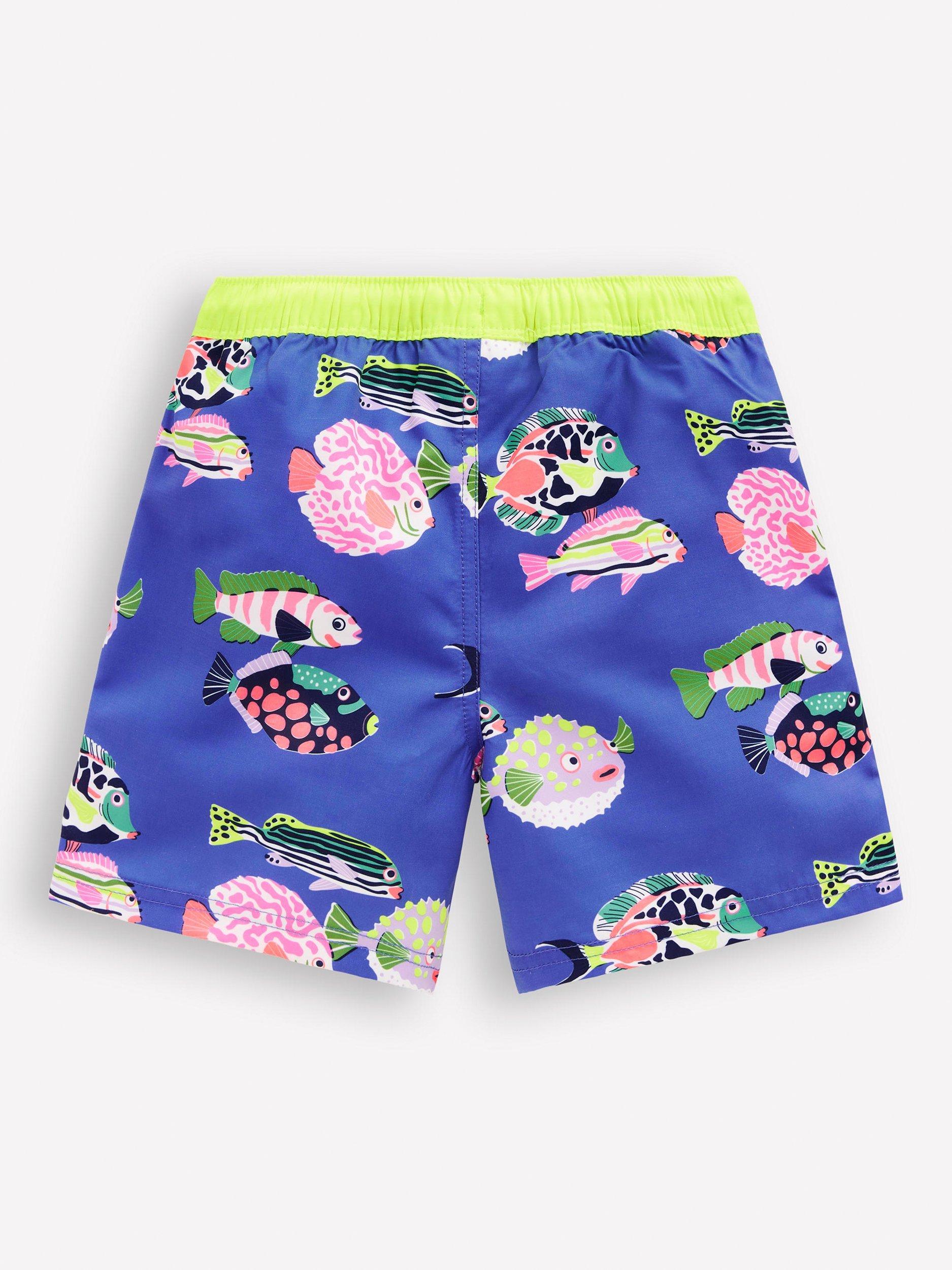 Product image 2 of 3, which shows Mini Boden Kids' Drawstring Swim Shorts, Blue Heron Fish, 2-3 years