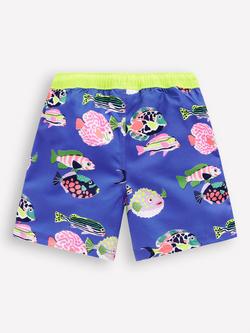 Mini Boden Kids' Drawstring Swim Shorts, Blue Heron Fish - view 2, Blue Heron Fish