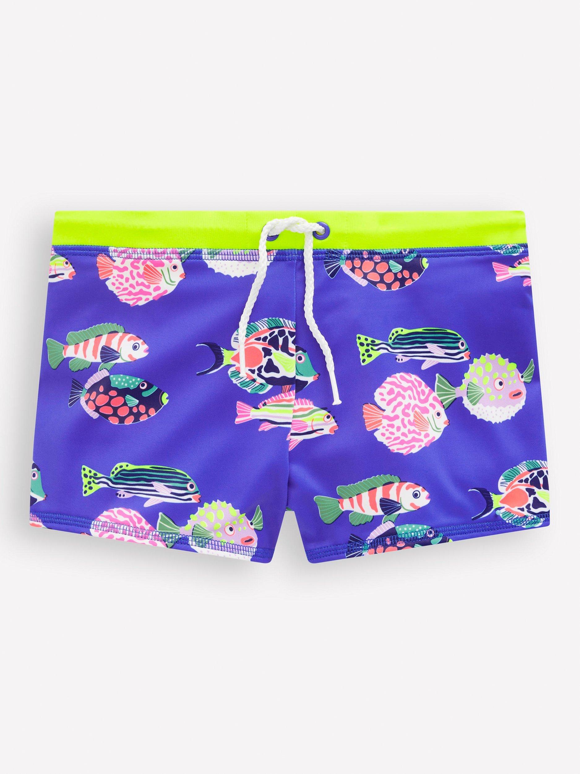 Product image 1 of 3, which shows Mini Boden Kids' Printed Drawstring Swim Trunks, Blue Heron Fish, 2-3 years